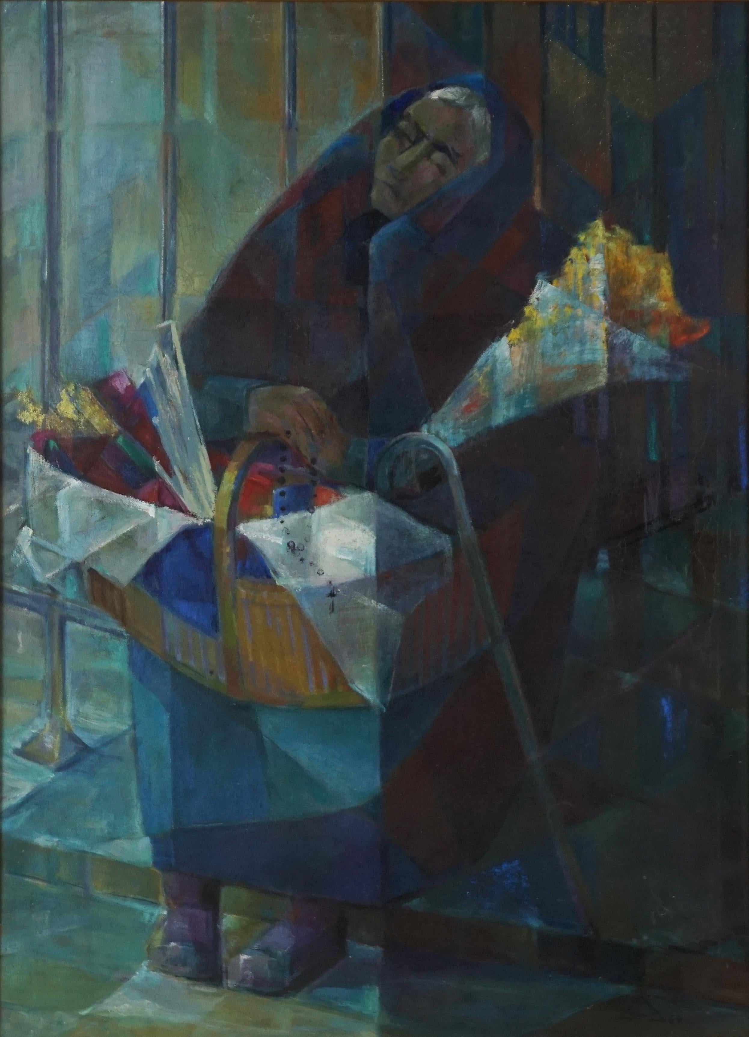 Louyot Figurative Painting – Kubistisches Ölgemälde einer Frau mit Blumen im Stil von Jacques Villon aus der Mitte des Jahrhunderts