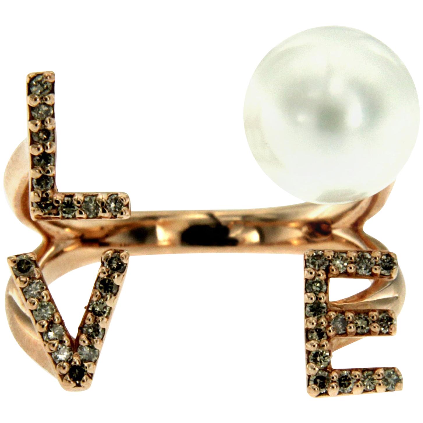 Love 14 Karat Gold Diamond Pearl Ring For Sale