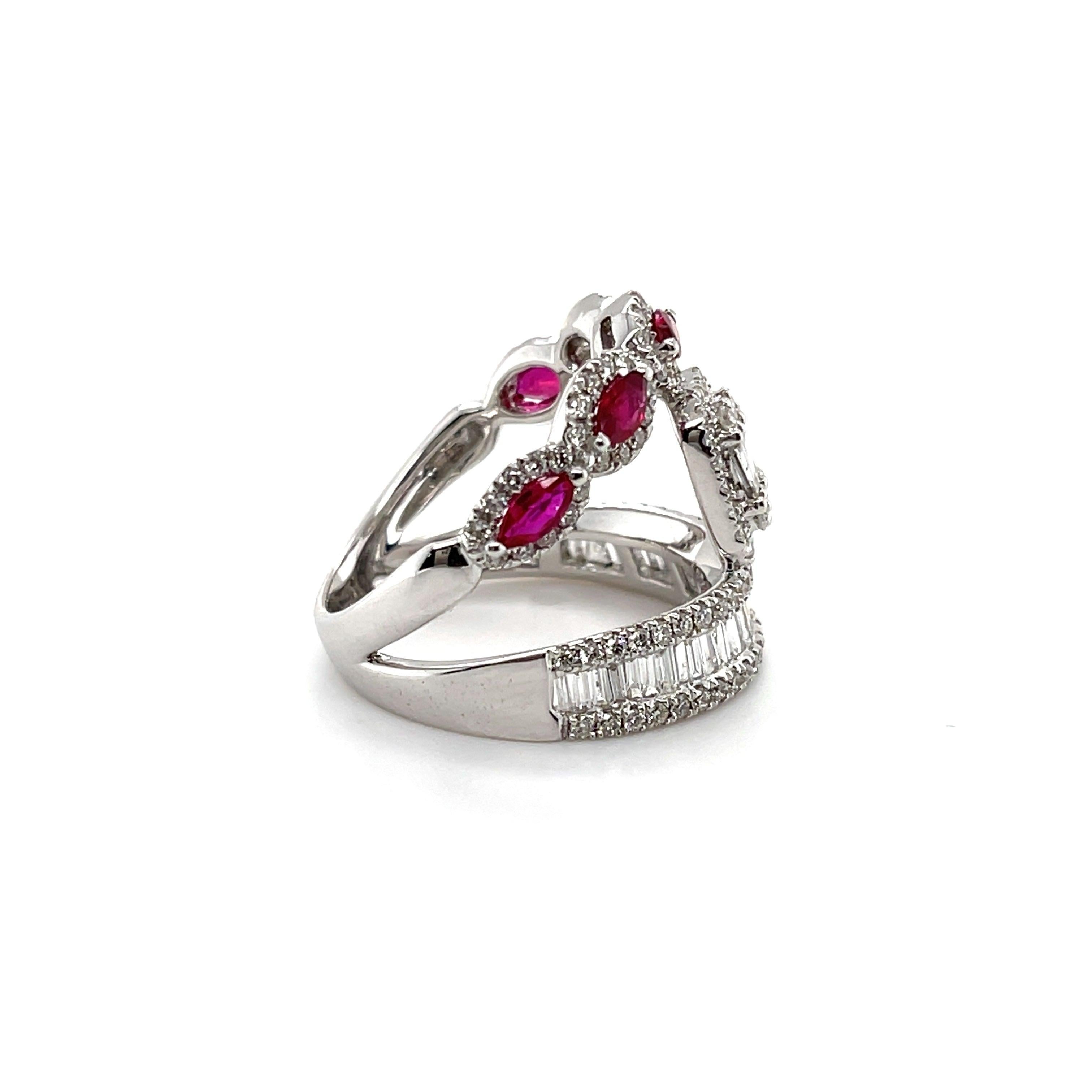 Rubies and Diamonds, crafted with eighteen karat white gold, complemented by a stunning polished finish design.

Perfect for your valentines gift! 

Complimentary Ring Resize! 

5 Marquise Ruby weight: 0.71ct 

122 Round Diamond weight: 0.92ct 

33