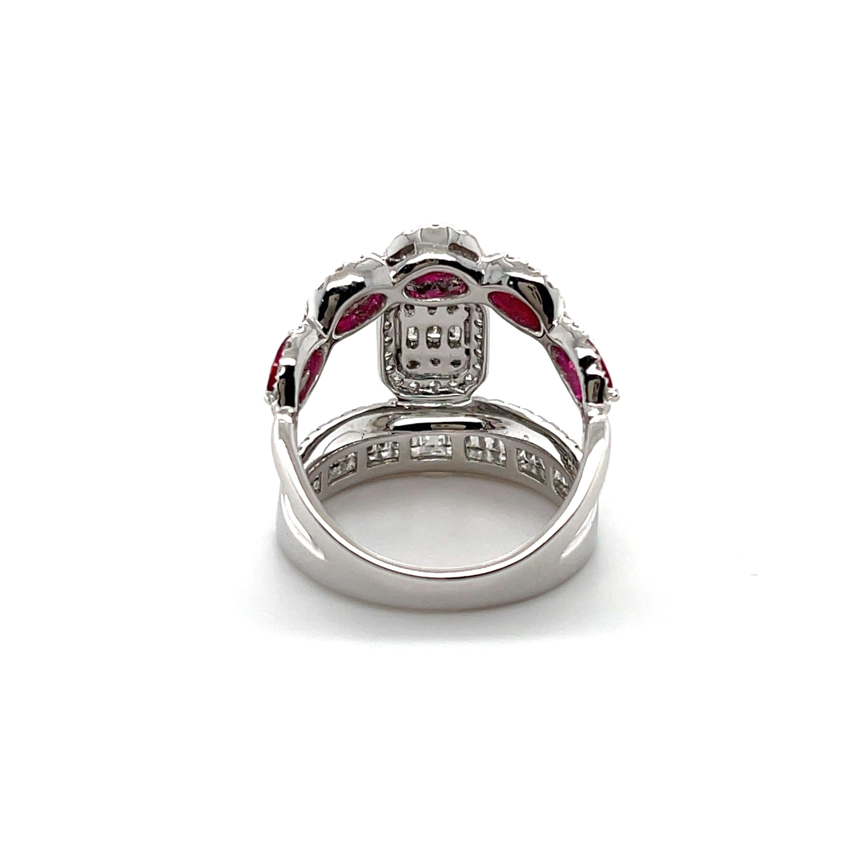 Tapered Baguette 'Love' 18CT white gold  Ruby and Diamond Cocktail ring For Sale