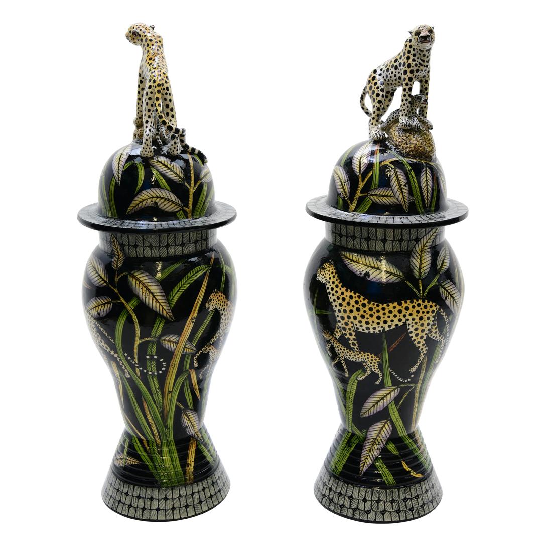 Crafted by the skilled hands of Nozipho and Sabelo at Love Art Ceramic in South Africa, this exquisite pair of ceramic Cheetah urns stands as a testament to African artistry. Standing at 22 inches high with a length and width of 7 inches each, these