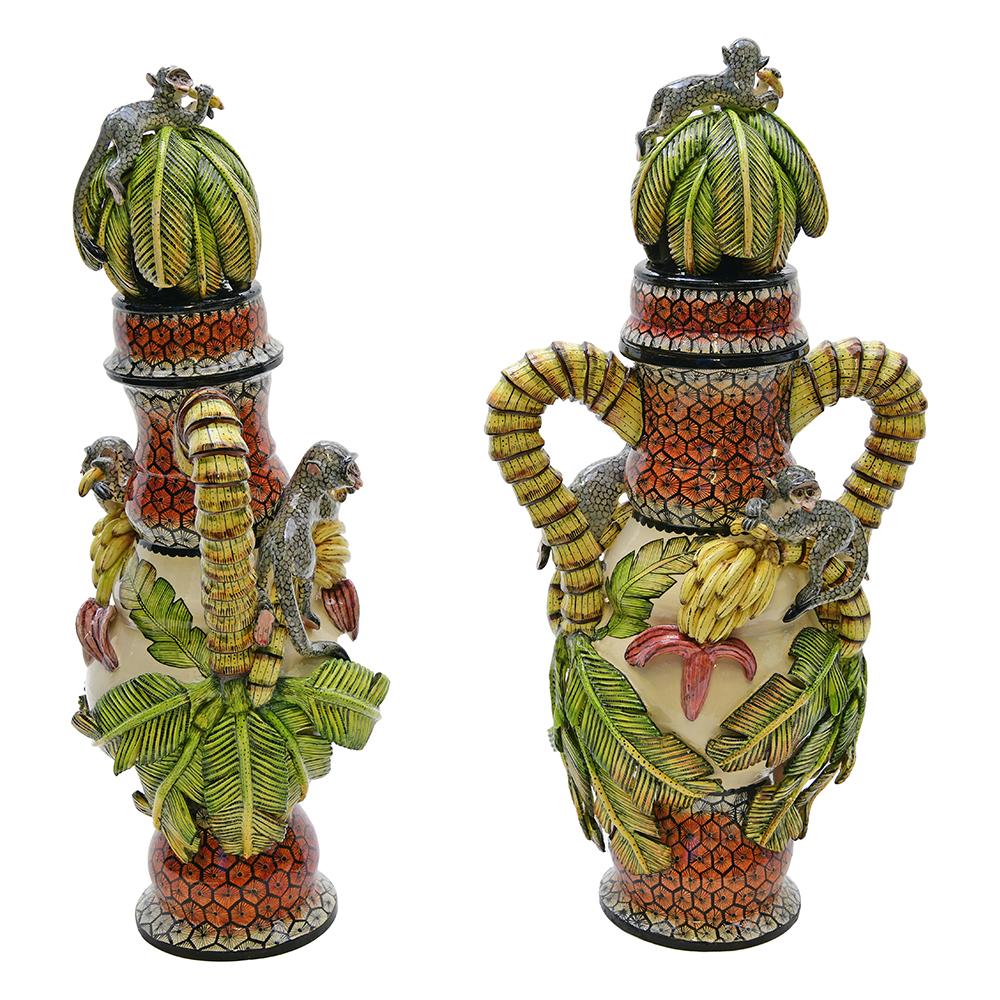 South African Love Art Ceramic Monkey Urn Pair, hand made in South Africa For Sale