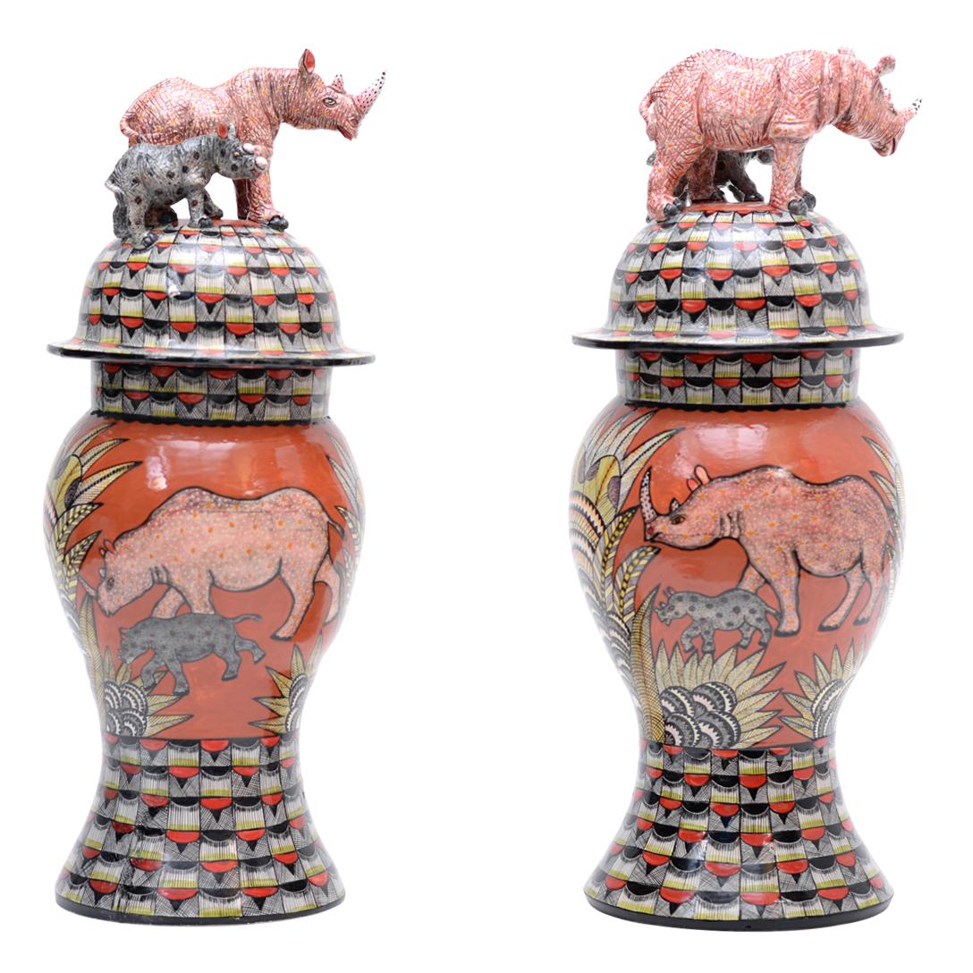 Modern Love Art Ceramic Rhino Urn Pair, hand made in South Africa