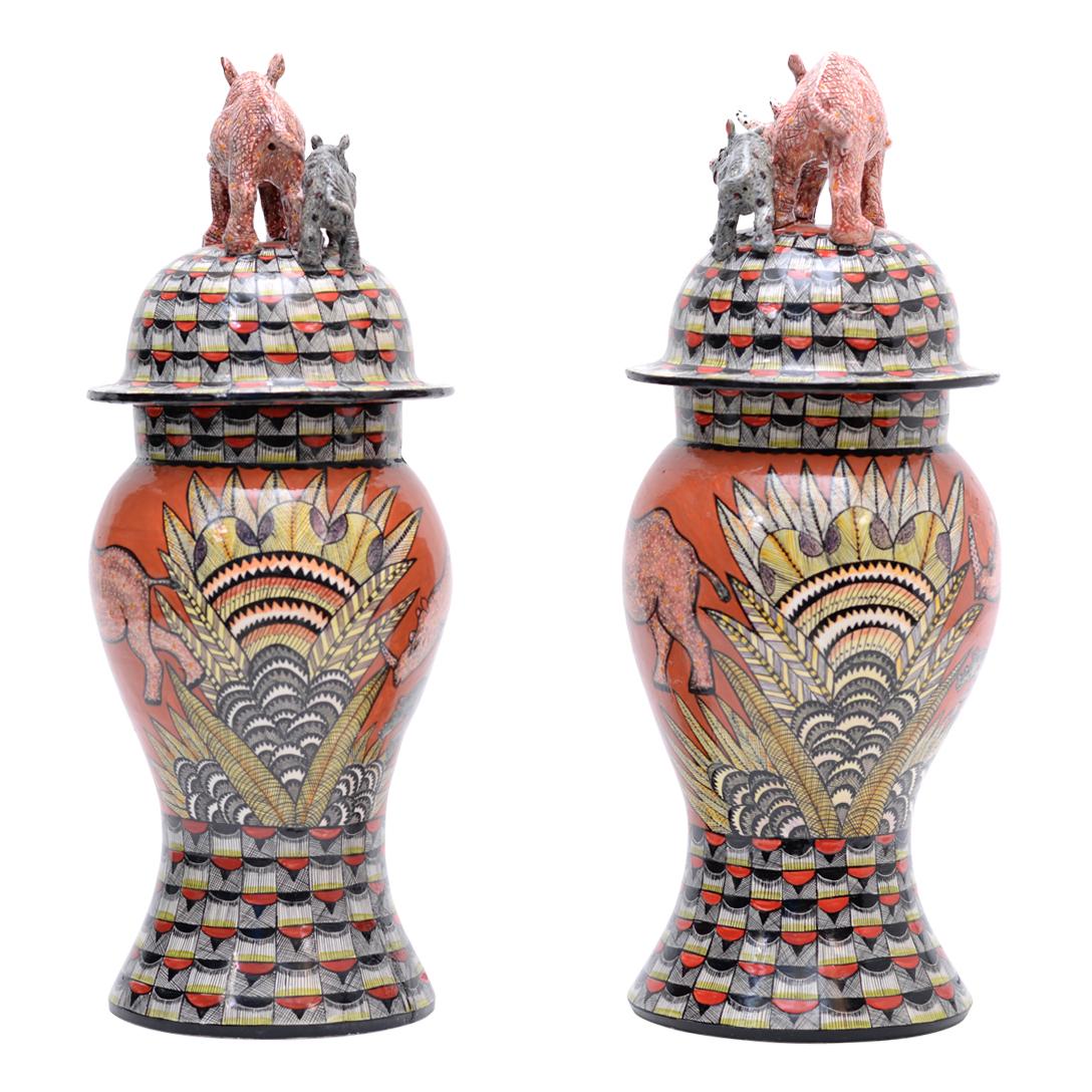 South African Love Art Ceramic Rhino Urn Pair, hand made in South Africa