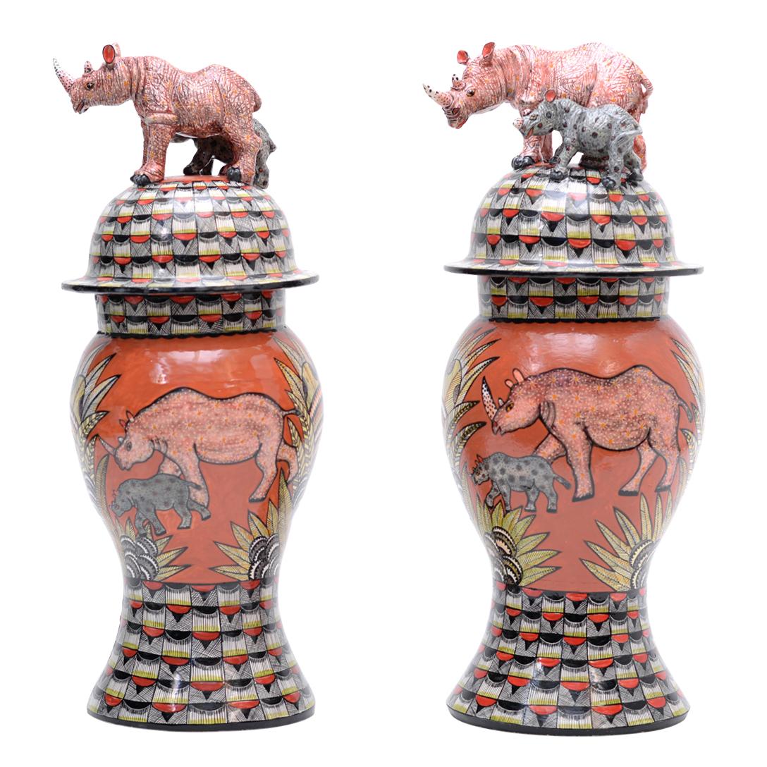 Fired Love Art Ceramic Rhino Urn Pair, hand made in South Africa