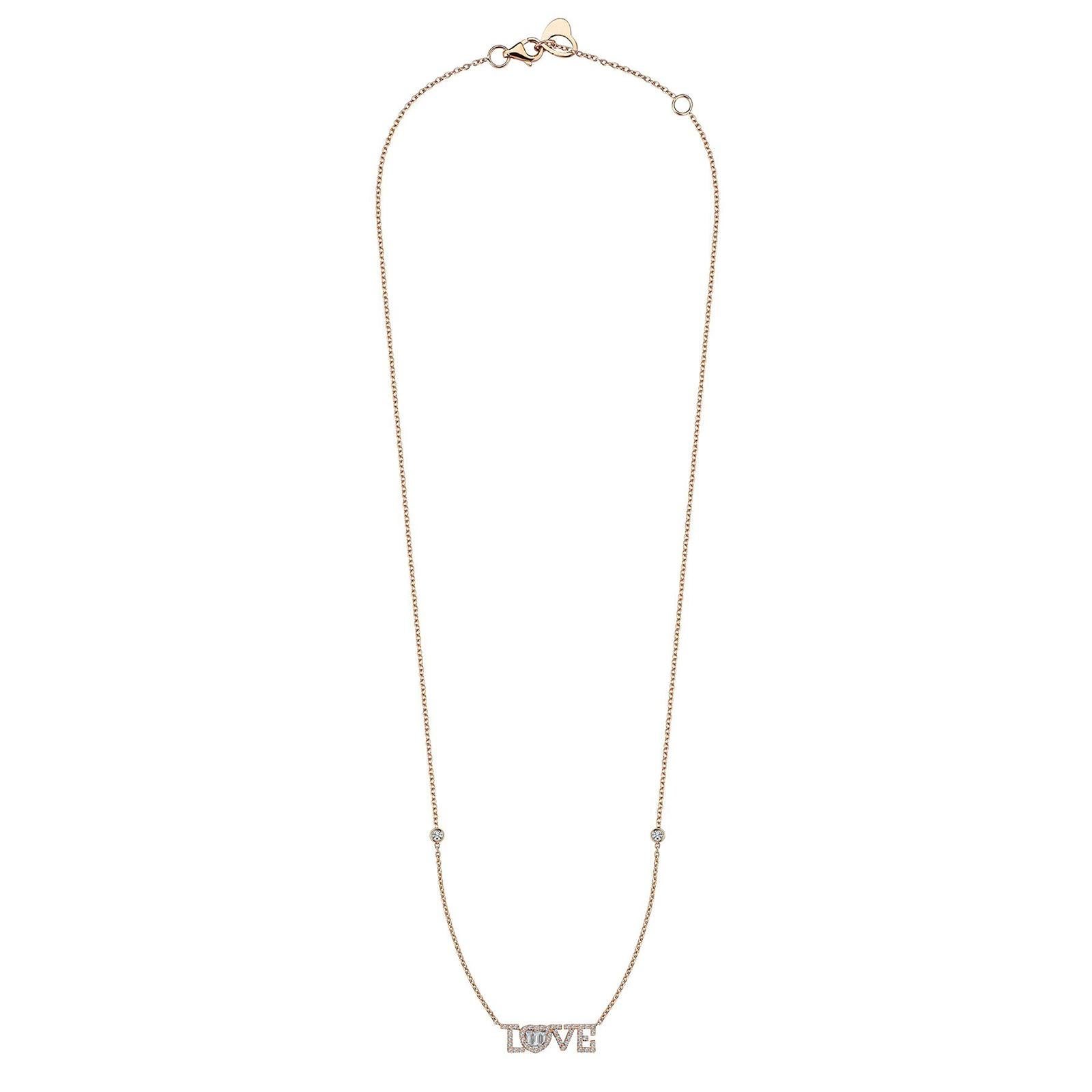 Artisan Love Baguette Pave Diamond 18K Gold Necklace, Available in Yellow, Rose White  For Sale