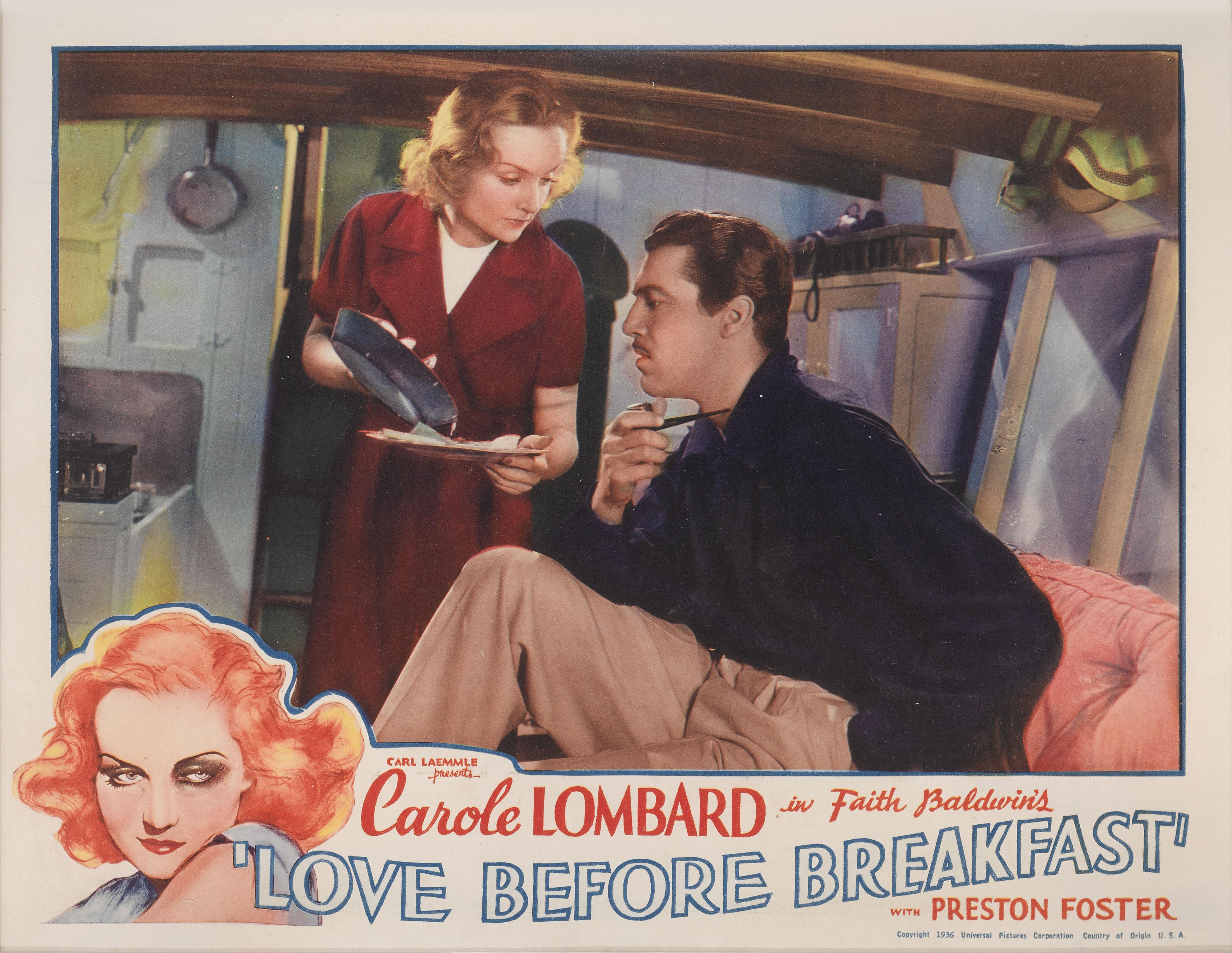 Original American lobby card for Love Before Breakfast 1936.
This comedy drama film starred Carole Lombard, Preston Foster and Cesar Romero. The film was directed by 
Walter Lang.
The piece is conservation framed with UV plexiglass in a Tulip wood