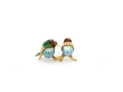 Love Bird Enamel & Pearl Brooch in 18K Yellow Gold