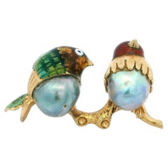 Love Bird Enamel & Pearl Brooch in 18K Yellow Gold