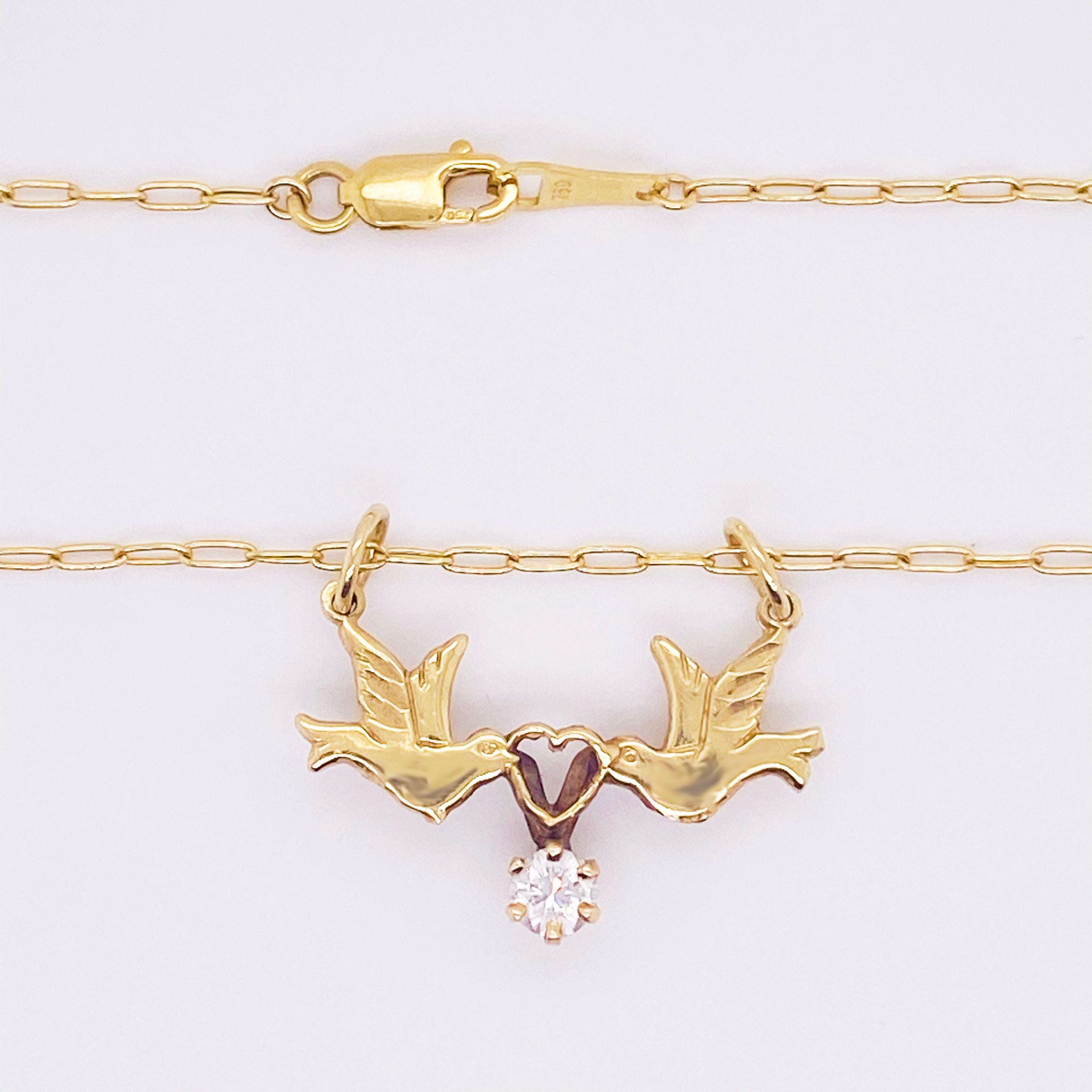 Round Cut Love Bird Necklace, Diamond, 14 Karat Gold, Neckmess, Stackable Necklace, Estate