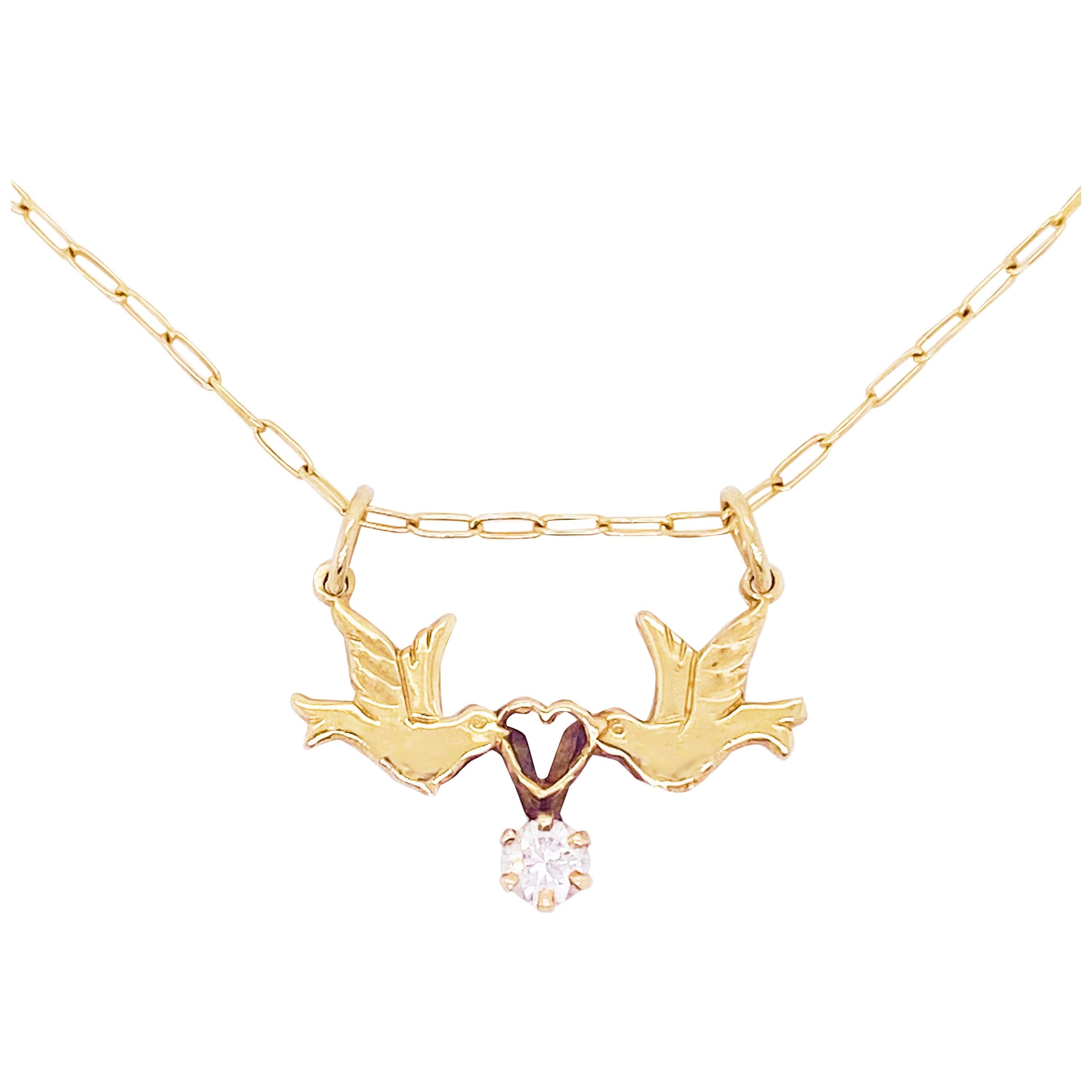 Love Bird Necklace, Diamond, 14 Karat Gold, Neckmess, Stackable Necklace, Estate