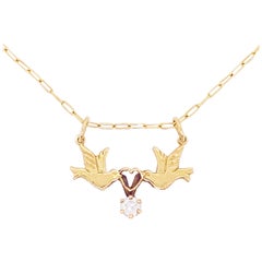 Love Bird Necklace, Diamond, 14 Karat Gold, Neckmess, Stackable Necklace, Estate