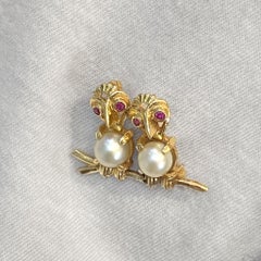 Love Birds Brooch with Pearls and Rubies in 14 Karat Yellow Gold