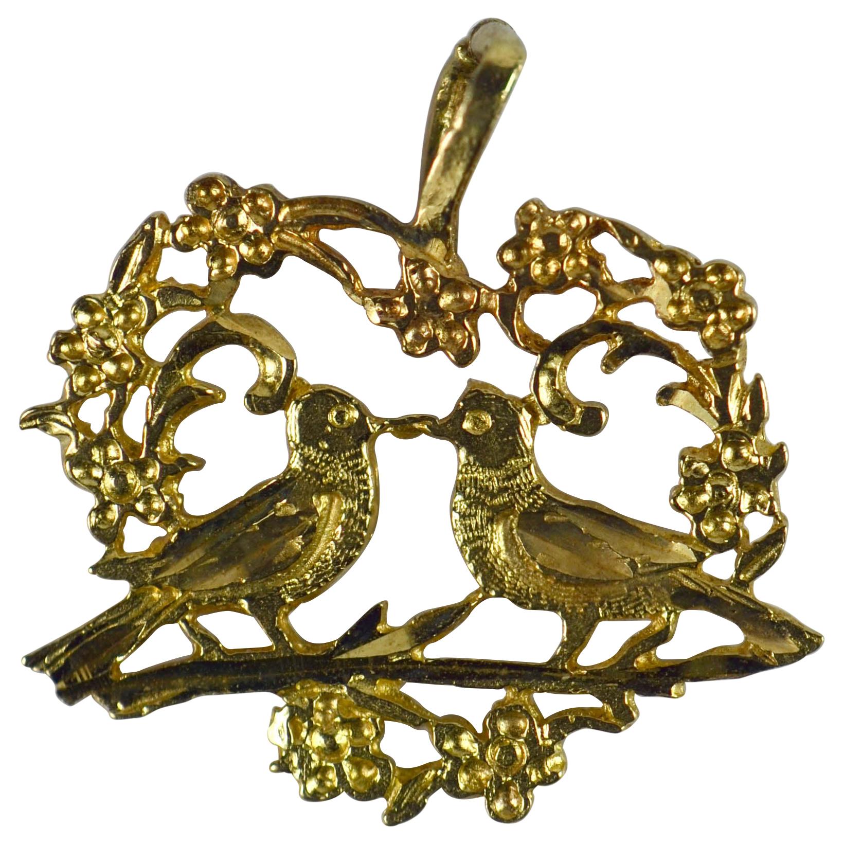 Love Birds in Heart Filigree Yellow Gold Charm Pendant