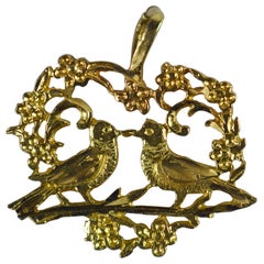 Vintage Love Birds in Heart Filigree Yellow Gold Charm Pendant