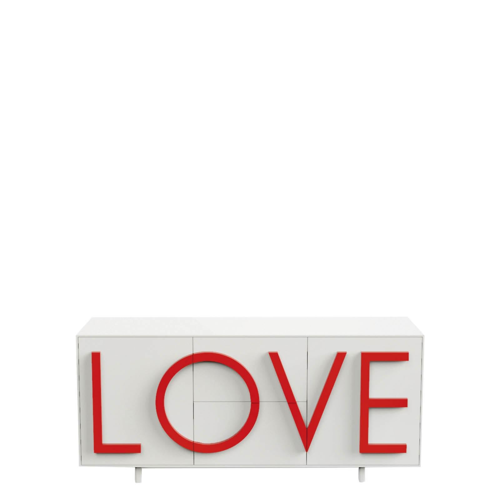 LOVE is a cabinet with two side hinged doors, with a moveable internal shelf, and with two central full-extension drawers. Structure made of MDF laquered both externally and internally. LOVE lettering in relief as a handle made of lacquered MDF,