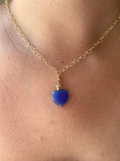 Love Chain Mesh and Blue Heart Charm 18K Yellow Gold Romantic Pendant Necklace