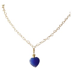Love Chain Mesh and Blue Heart Charm 18K Yellow Gold Romantic Pendant Necklace