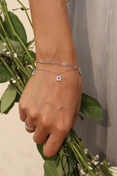 Modernist Natural Diamond Love Charm Bracelet in 18K White Gold Gift for Her