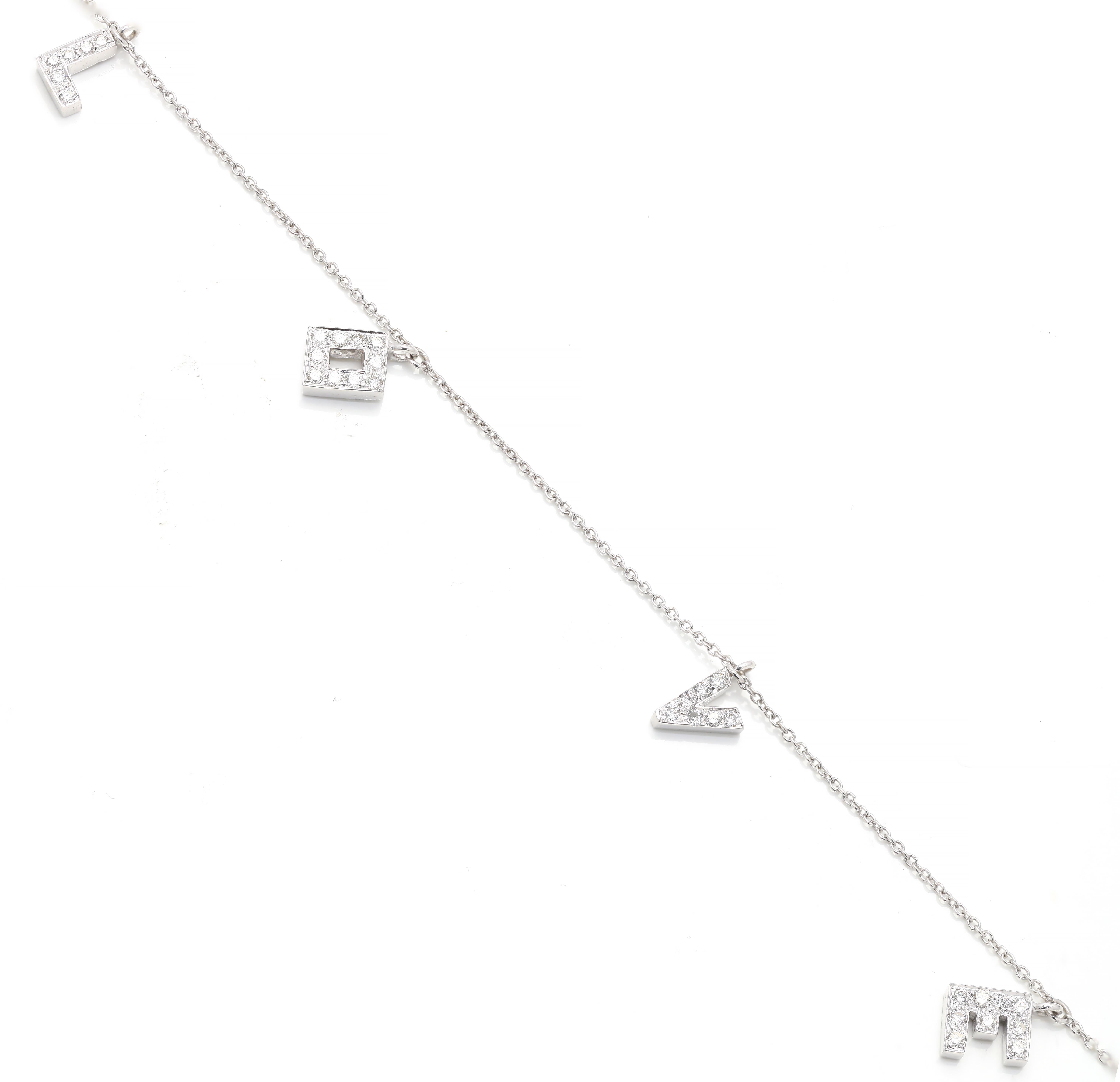 Modern Diamond Love Charm Bracelet in 18K White Gold For Sale