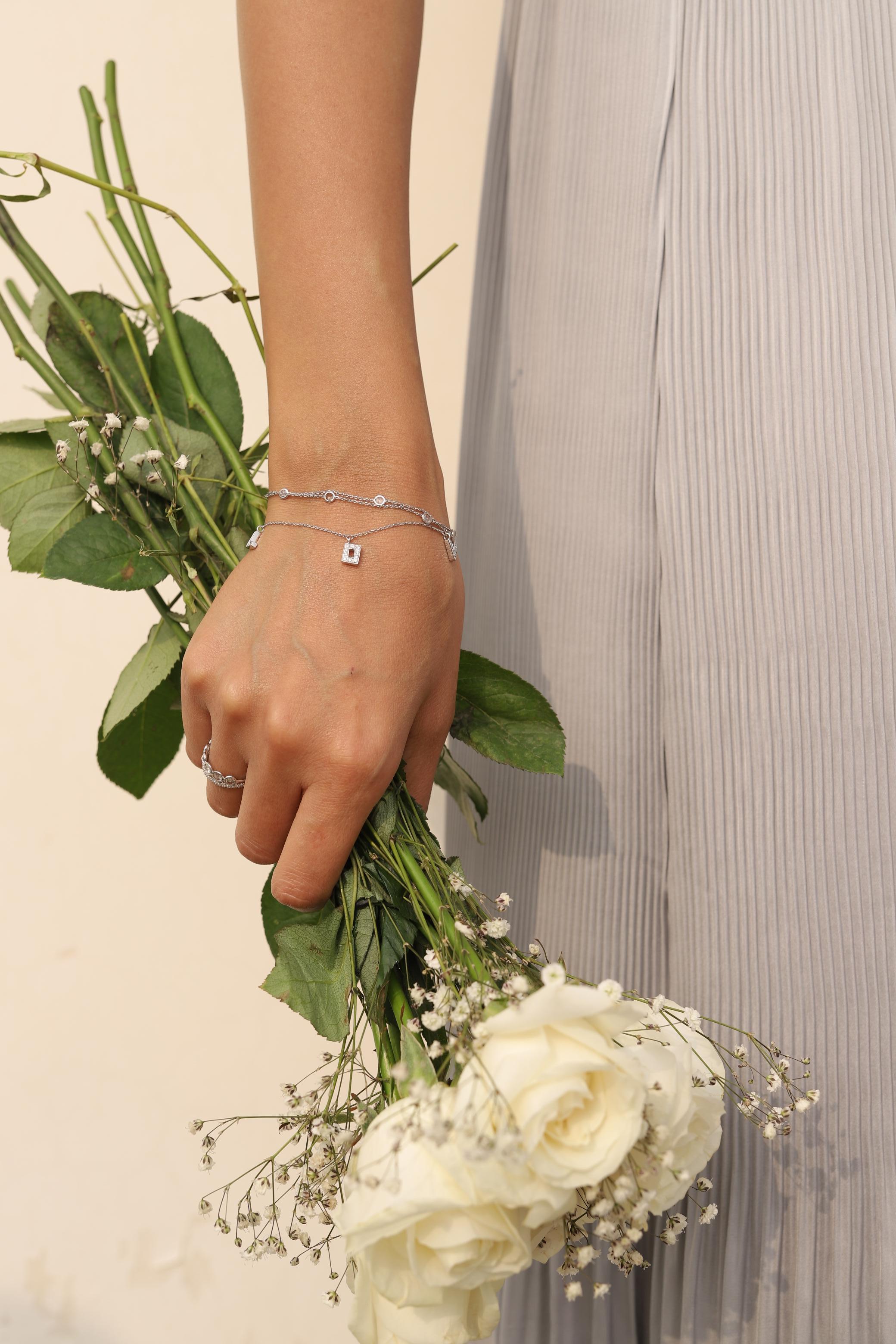 Round Cut Diamond Love Charm Bracelet in 18K White Gold For Sale
