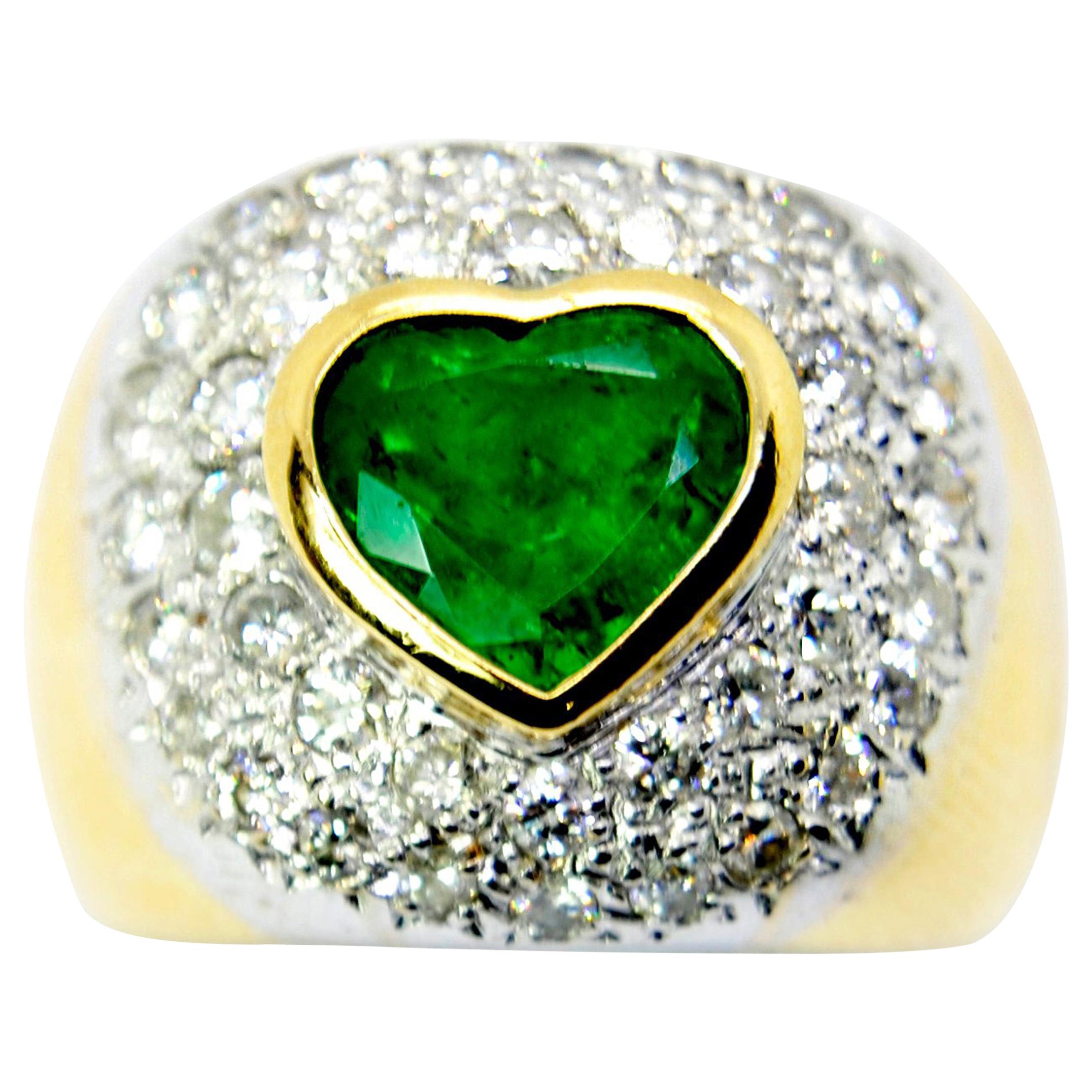 Love Emerald of in 18 Karat Yellow Ring with Pavé of Diamonds Set in White Gold For Sale