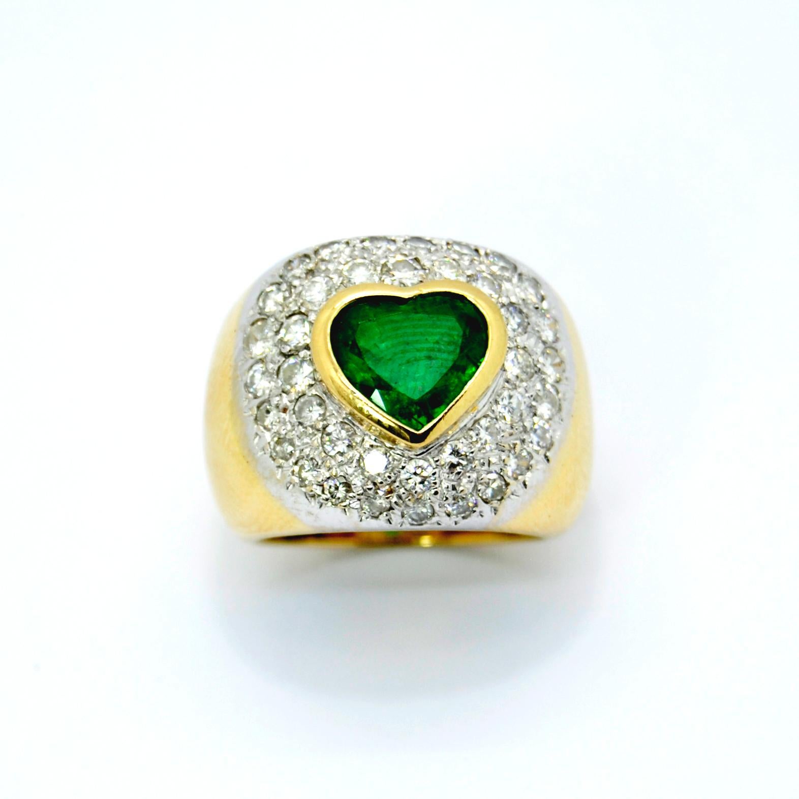 Women's Love Emerald of in 18 Karat Yellow Ring with Pavé of Diamonds Set in White Gold For Sale