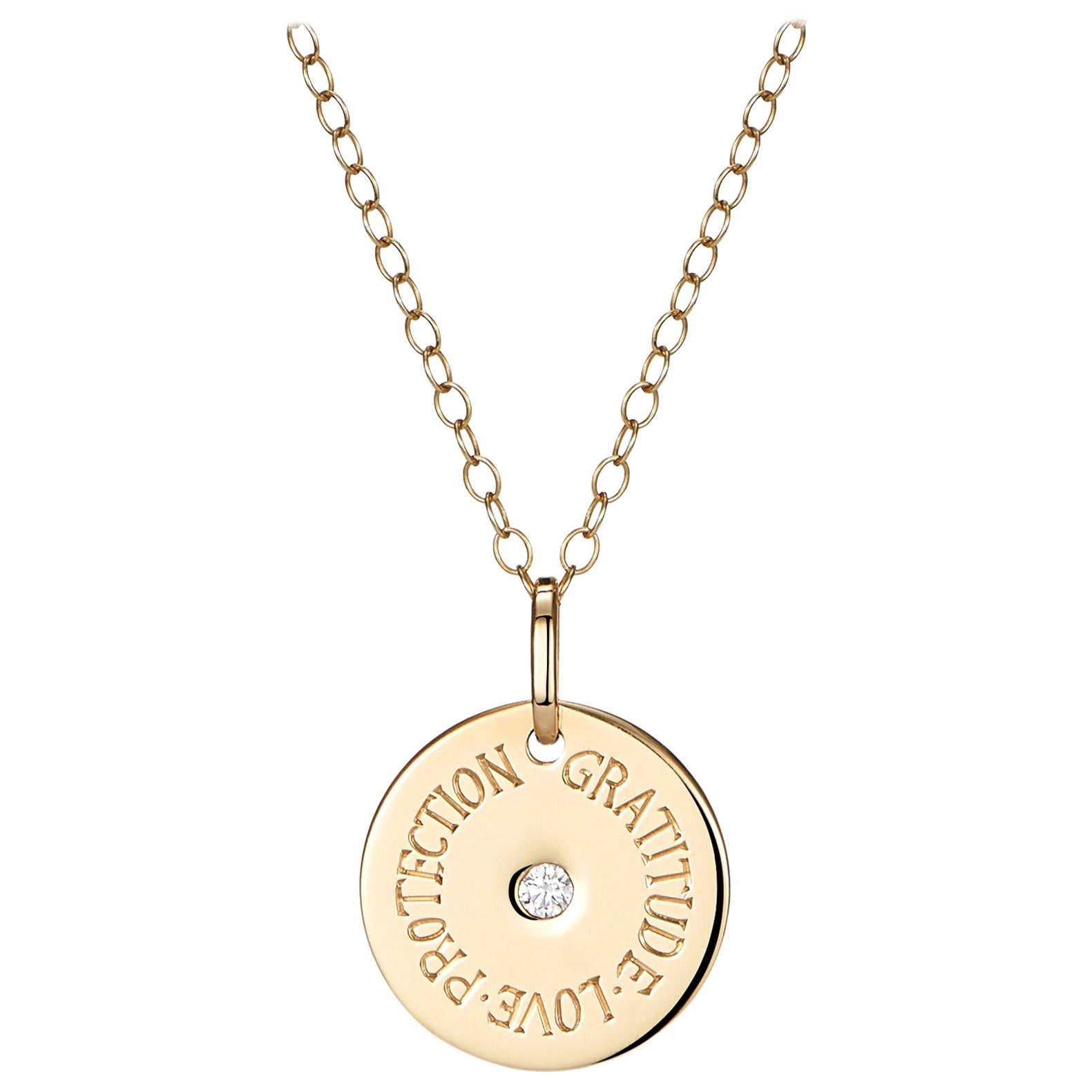 Gold Mantra Engraved Necklace With White Diamond Charm