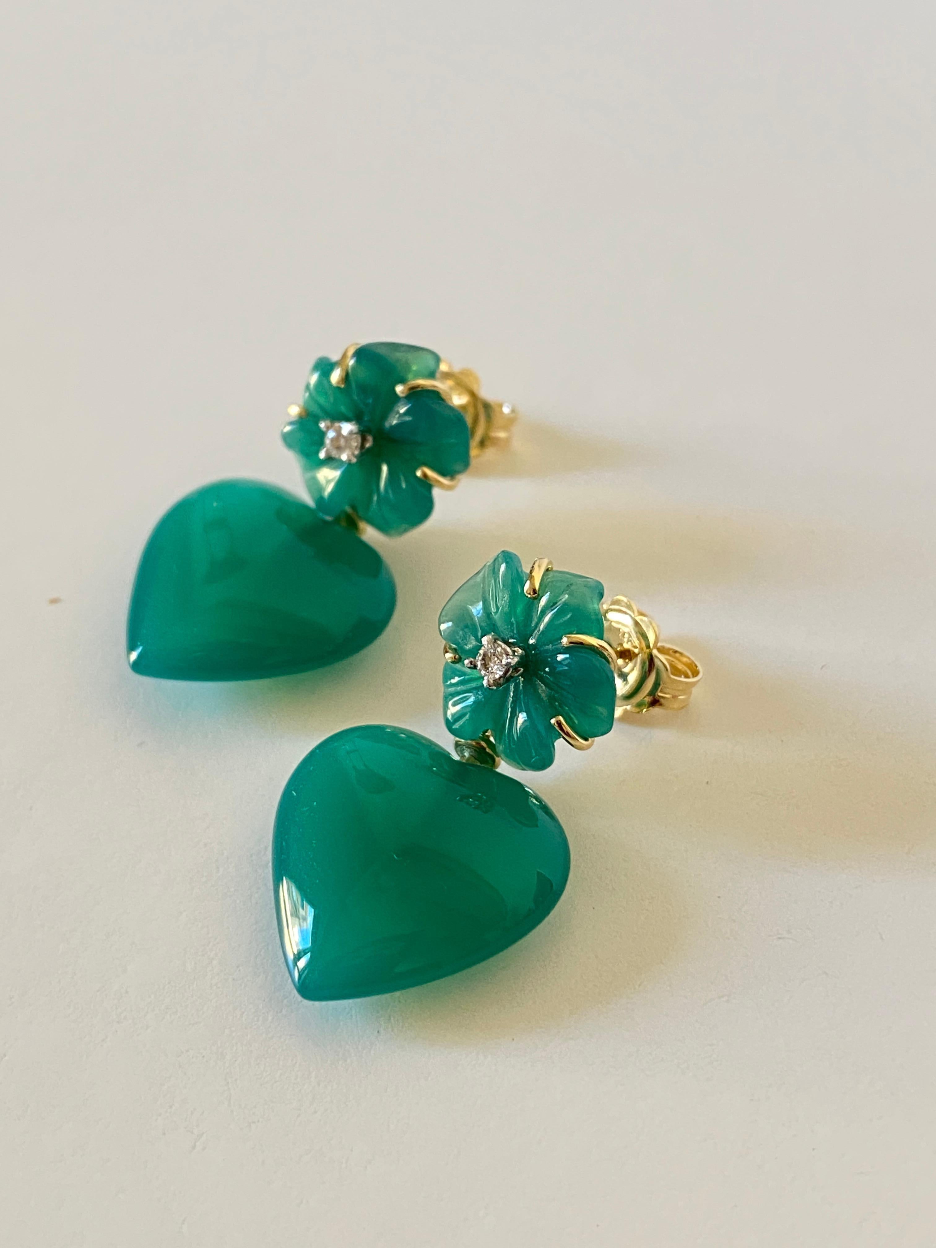 Love Green Agate Diamonds 18k Gold Happy Flower Dangle Earrings 4