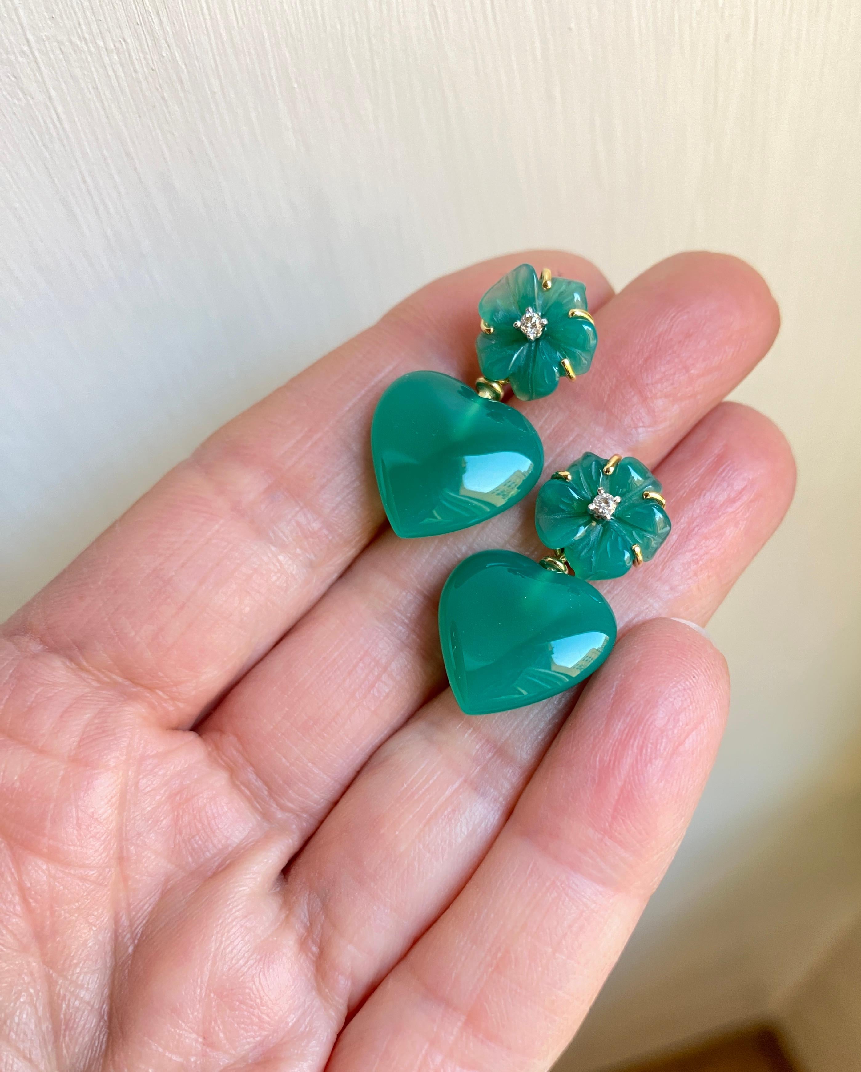 Love Green Agate Diamonds 18k Gold Happy Flower Dangle Earrings 5