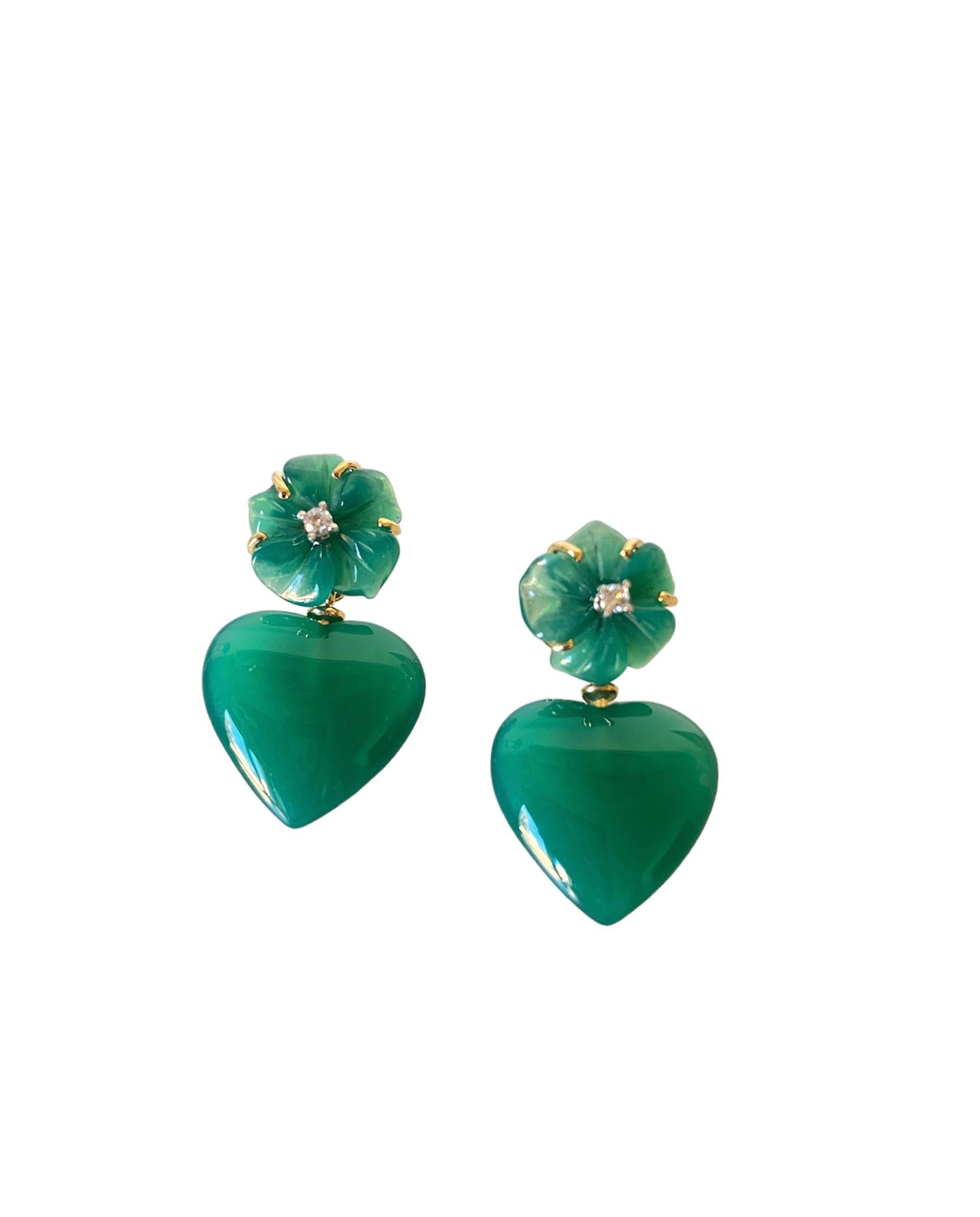 Love Green Agate Diamonds 18k Gold Happy Flower Dangle Earrings 6