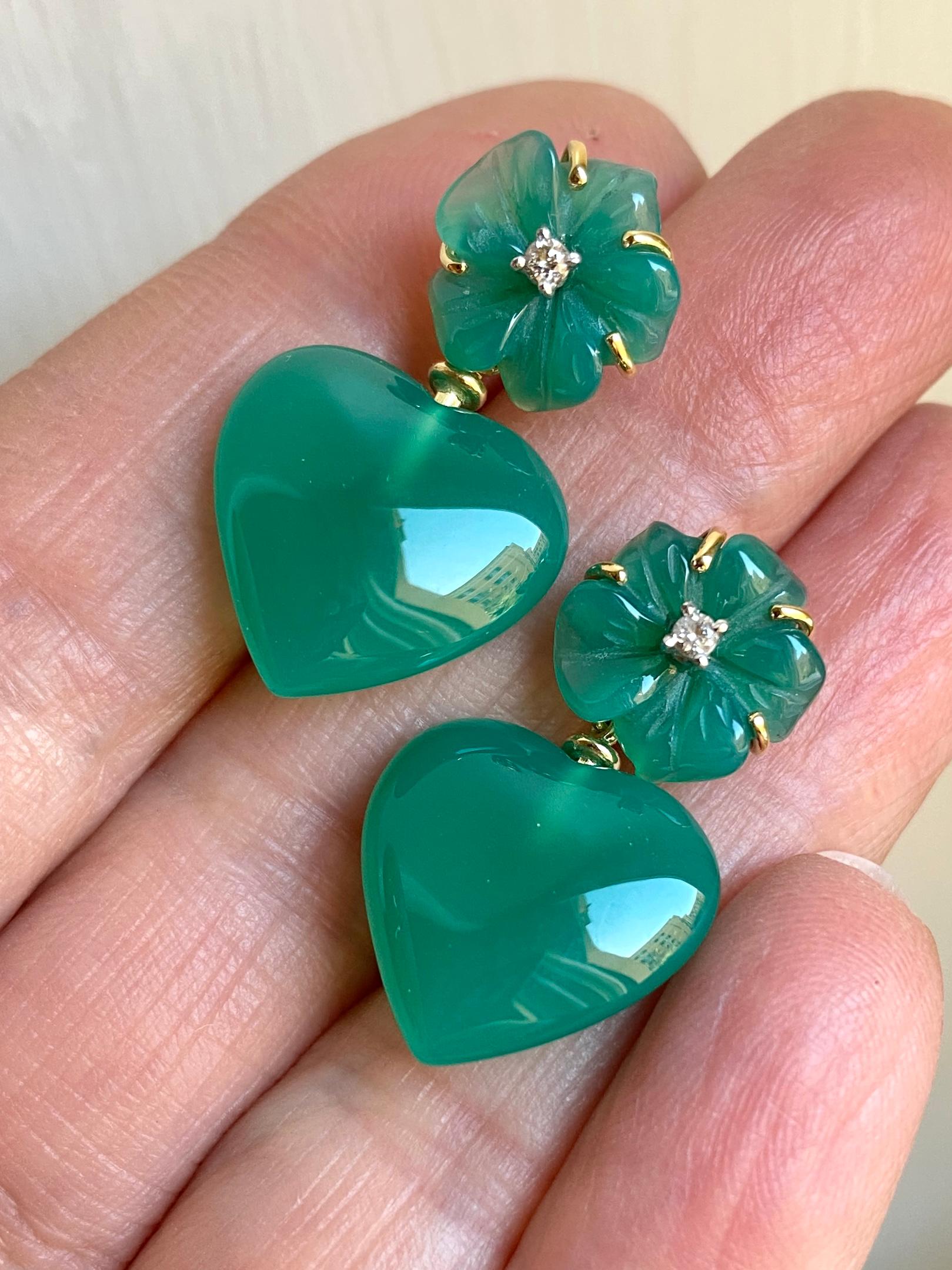 Romantic Love Green Agate Diamonds 18k Gold Happy Flower Dangle Earrings