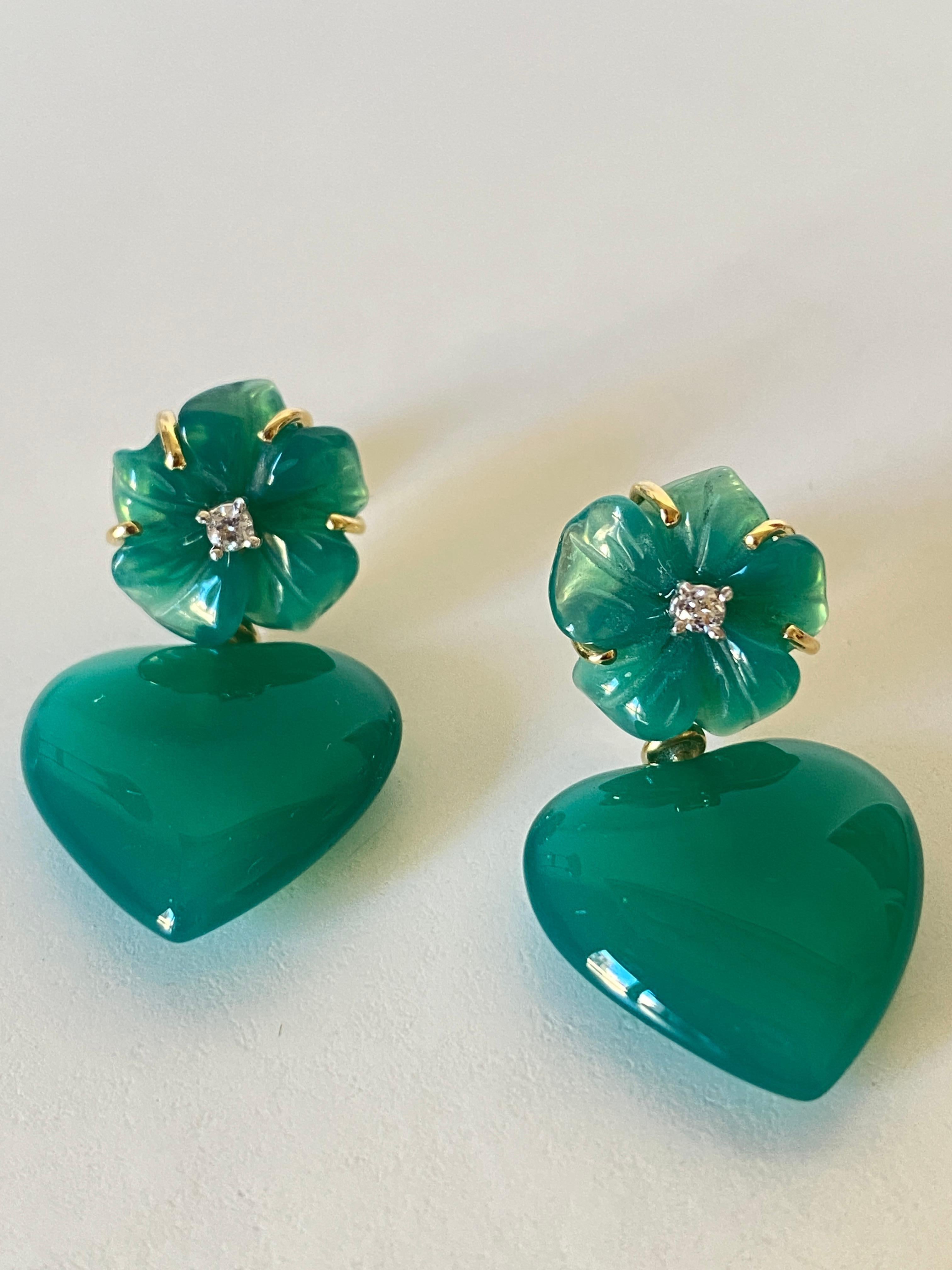 Women's Love Green Agate Diamonds 18k Gold Happy Flower Dangle Earrings