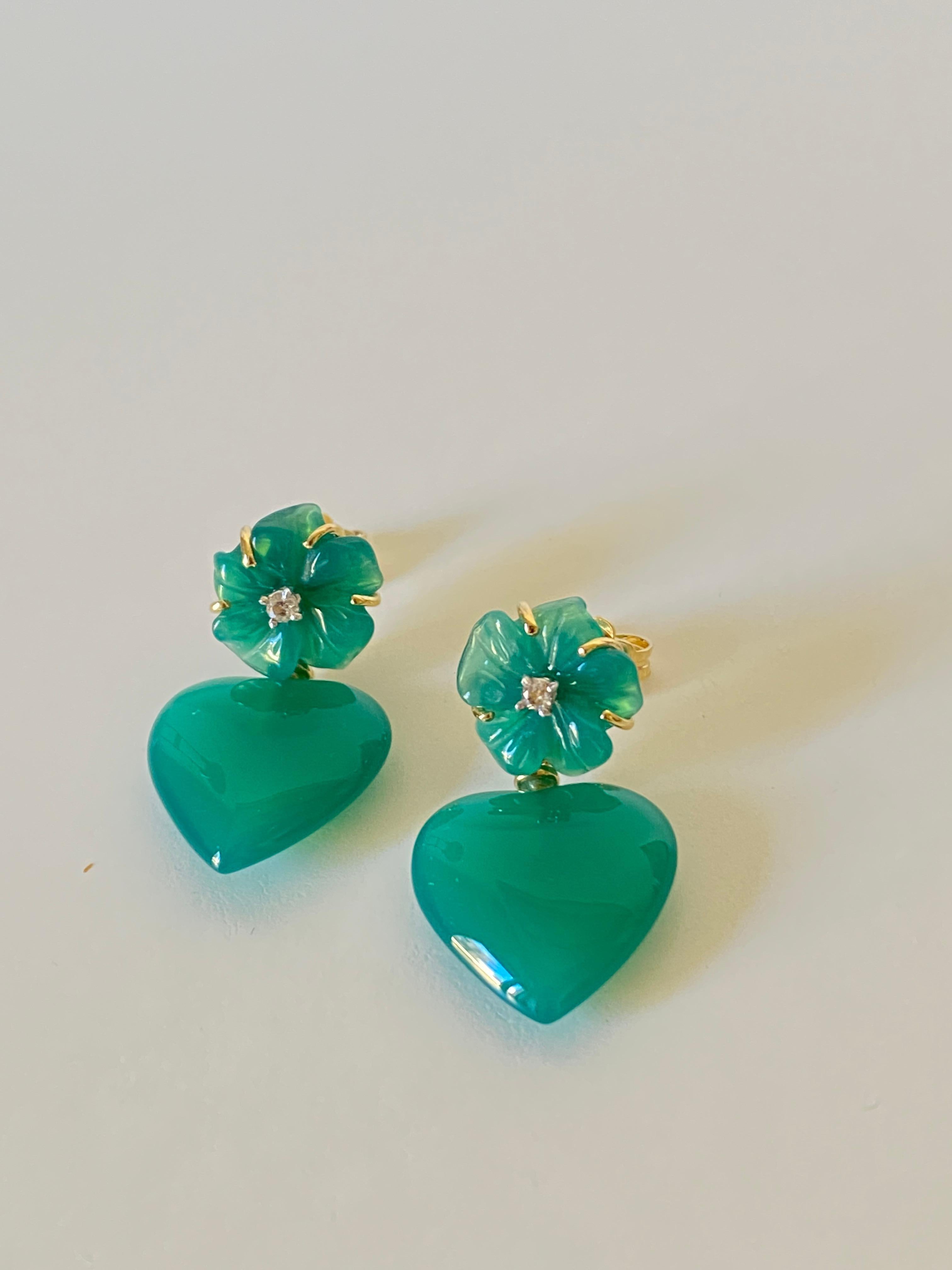 Love Green Agate Diamonds 18k Gold Happy Flower Dangle Earrings 1