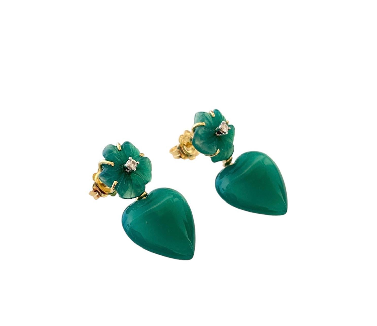 Love Green Agate Diamonds 18k Gold Happy Flower Dangle Earrings 3