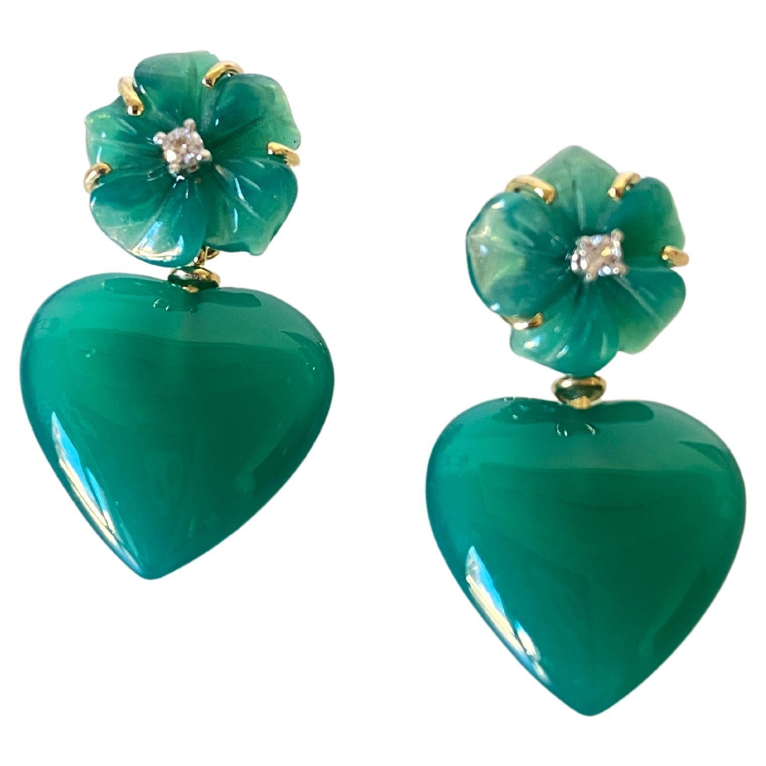 Love Green Agate Diamonds 18k Gold Happy Flower Dangle Earrings