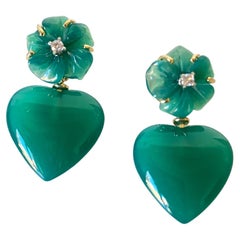 Love Green Agate Diamonds 18k Gold Happy Flower Dangle Earrings
