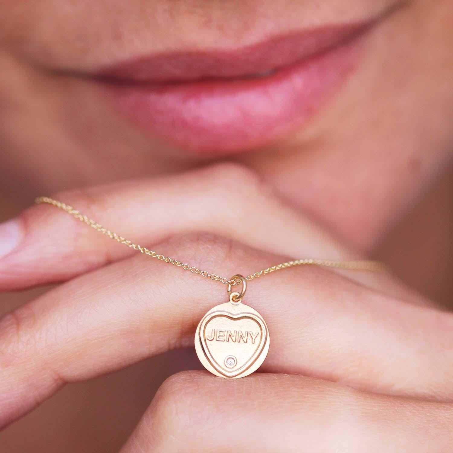Contemporary Love Hearts Name Necklace in 16 Carat Gold and Diamond On 16 Inch Chain For Sale
