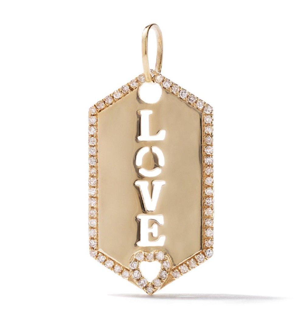 Let your love sparkle in diamonds with this gold necklace from AS29 Ilrey collection.

An 18k gold hex pendant is stamped with love and adorned with a pave diamond border and open heart. Elevated with the addition of of our pave diamond pear charm