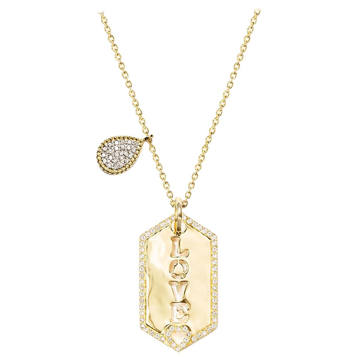 Love 18K Gold and Diamond Hex Tag Pendant with Pear Beading Pave Necklace For Sale