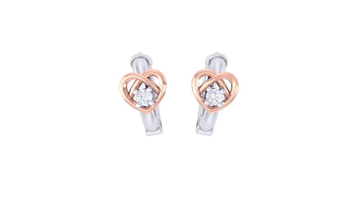 Round Cut Love Hoop Kids Earrings, 18k Rose Gold, White Gold, 0.02ct For Sale