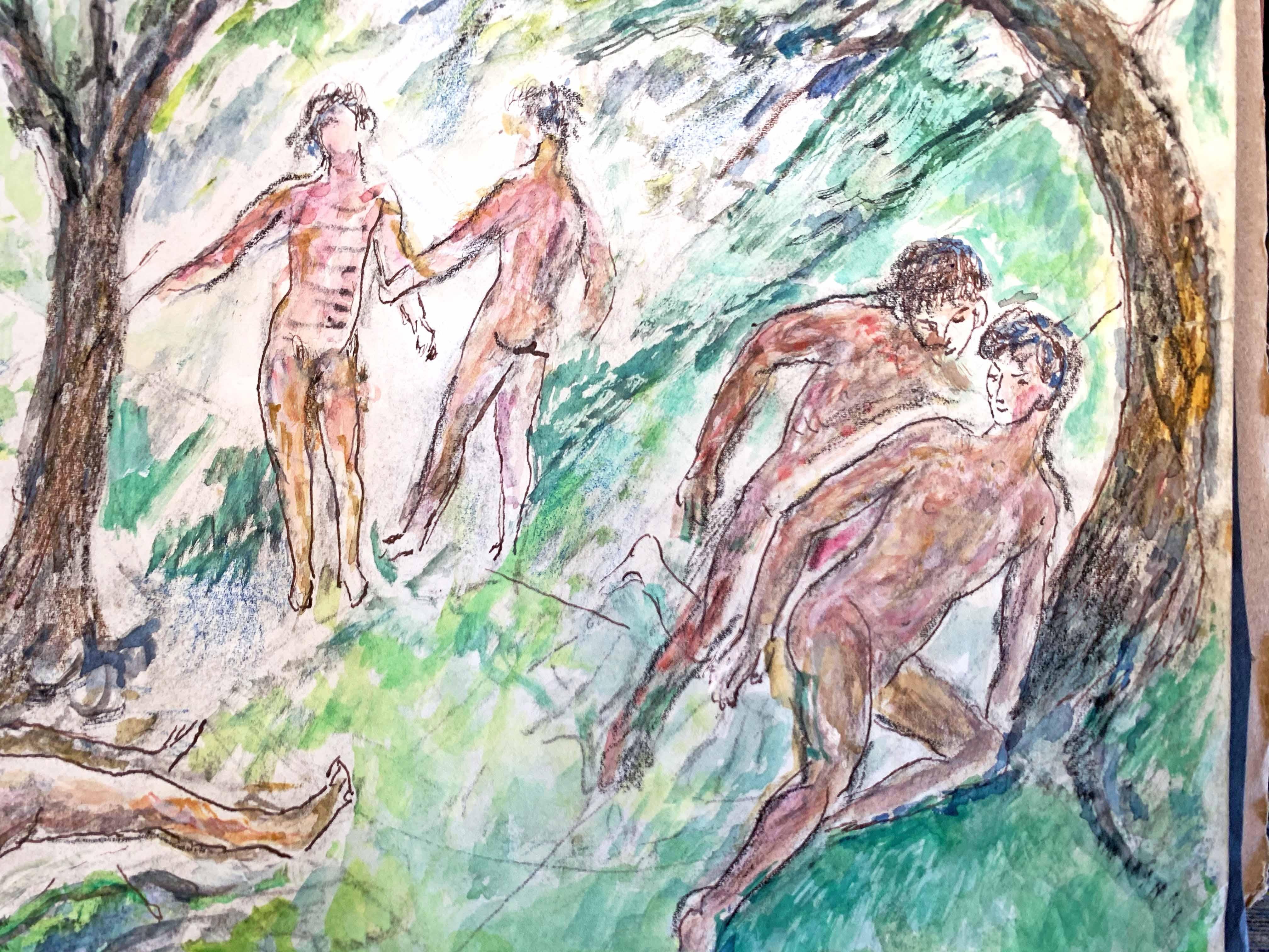 Full of atmosphere and fresh color, this watercolor painting depicts a group of eight nude male figures in a wooded setting, holding hands, talking, admiring the view, and stealing off for a romantic moment, all expressed in vivid pink and tan flesh