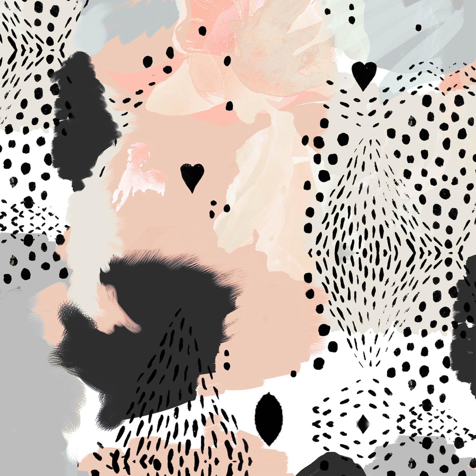 Using traditional and digital mark-making techniques, this alluring composition of love hearts, spot formations and peppered textured camouflage, delivers a beautiful exploration into the wild. With its contrasting, delicate soft tones and darker