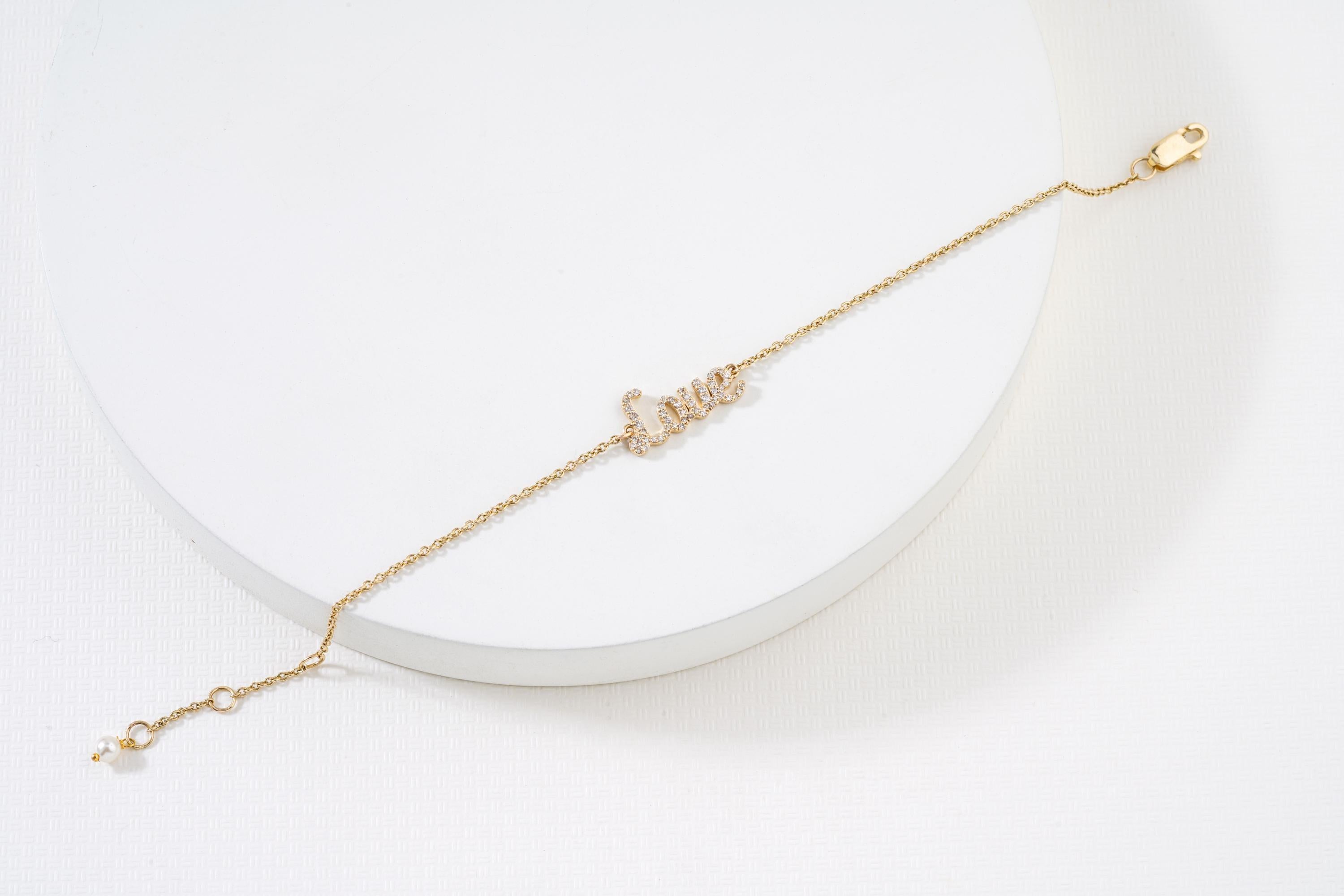 Love Letter Diamantkettenarmband aus 14k Gold (zertifiziert) (Rundschliff) im Angebot