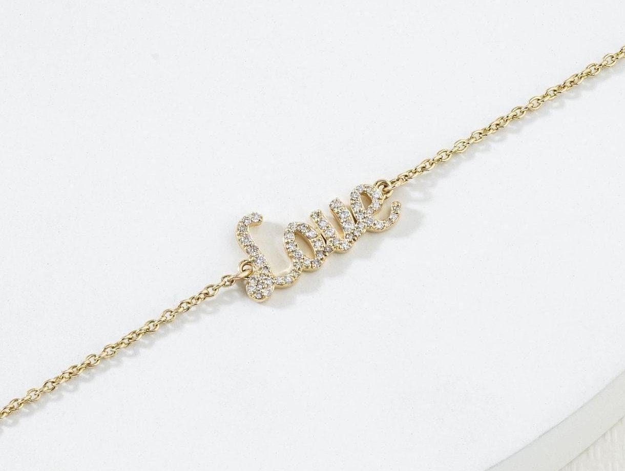 Pulsera Cadena de Diamantes Letra de Amor en Oro de 14 K (Certificado)