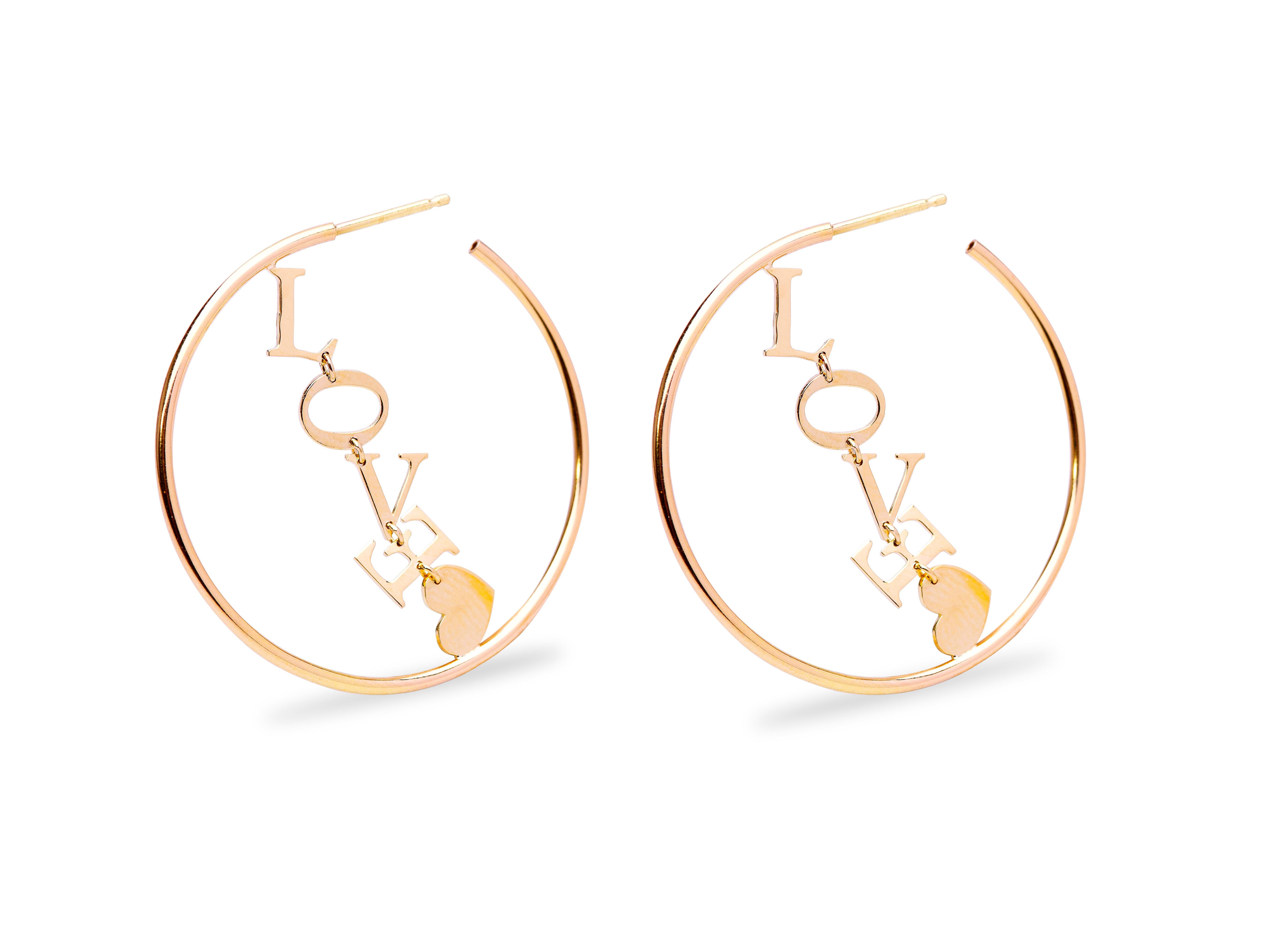 Contemporary Love 18K Yellow Gold Letters Circle Hoops Handcrafted Design Earrings For Sale