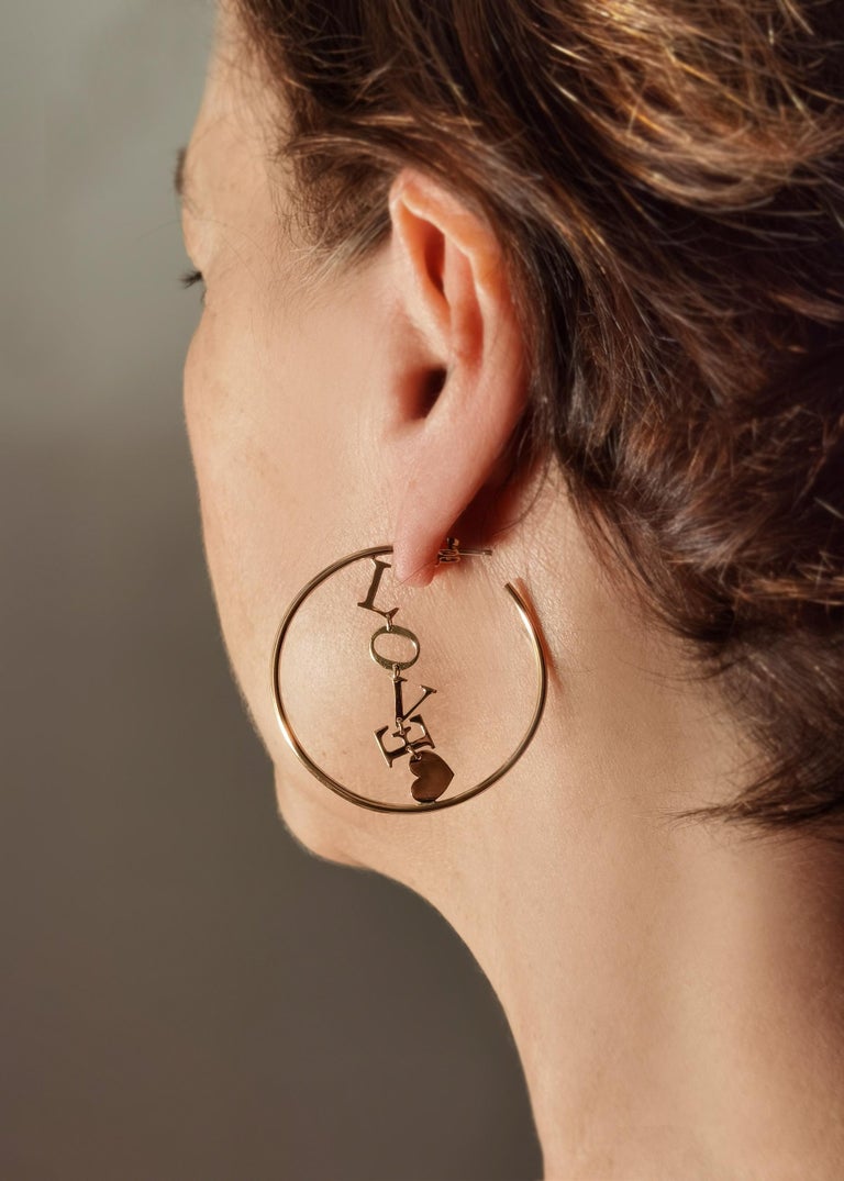 Love 18K Yellow Gold Letters Circle Hoops Handcrafted Design Earrings For  Sale at 1stDibs