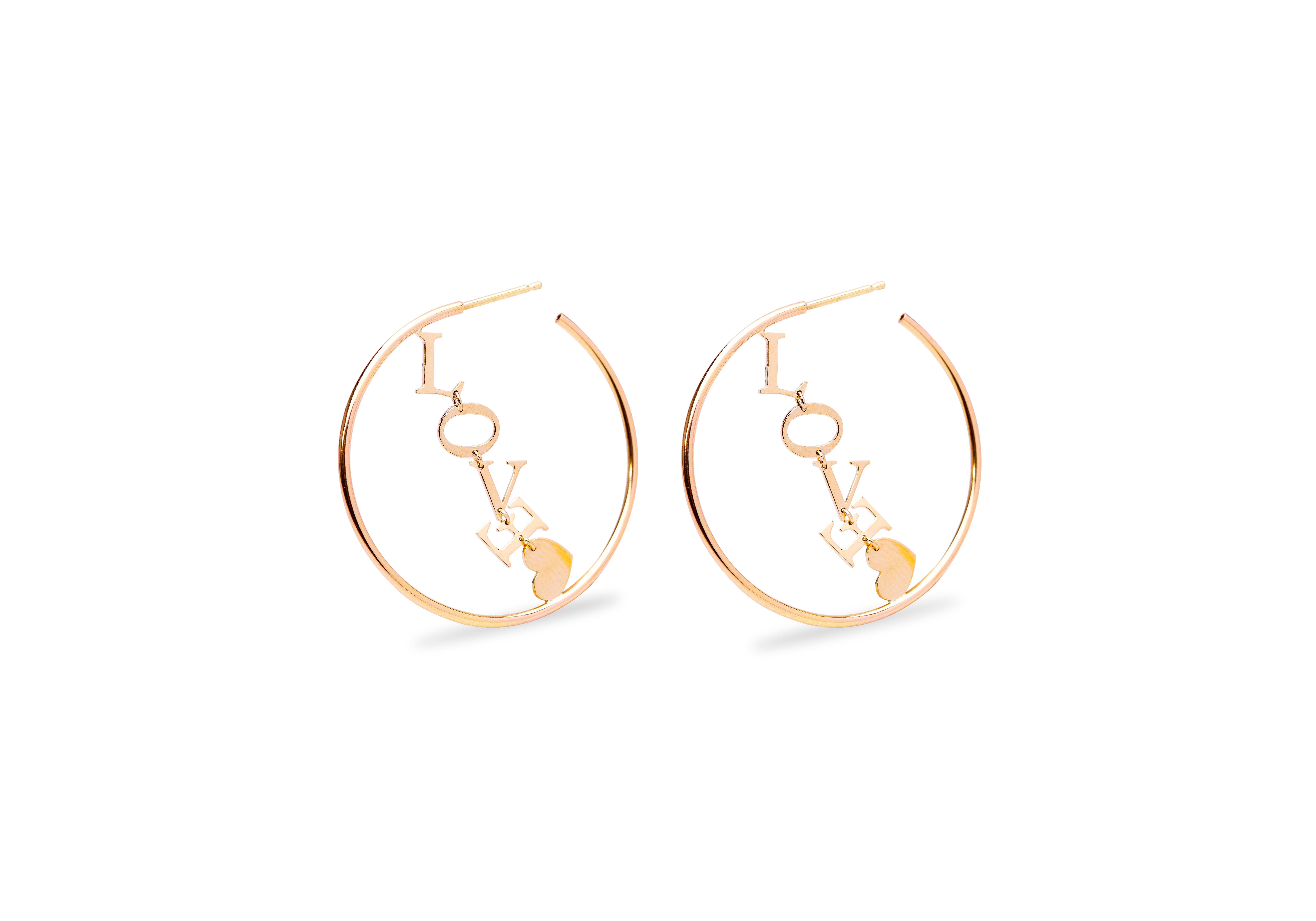 Love 18K Yellow Gold Letters Circle Hoops Handcrafted Design Earrings For Sale 2
