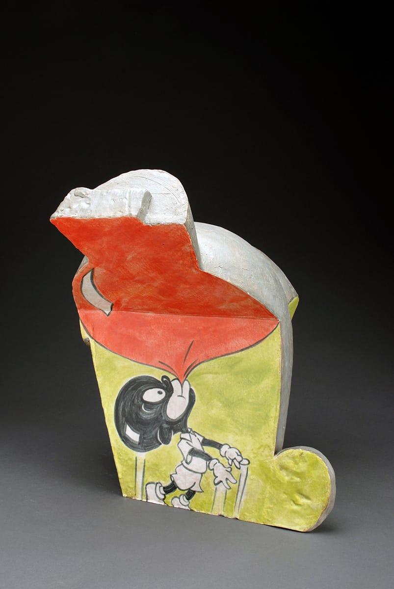 MALCOLM MOBUTU SMITH
Love Lift Us Up, 2010
Stoneware, slip and glaze
15 x 14 x 17 in

“A wistful and sickeningly sarcastic image showing the ur-jigaboo being pulled aloft to hopeful ecstasy and safety by a fat pink bubble.” –Malcolm Mobutu Smith
