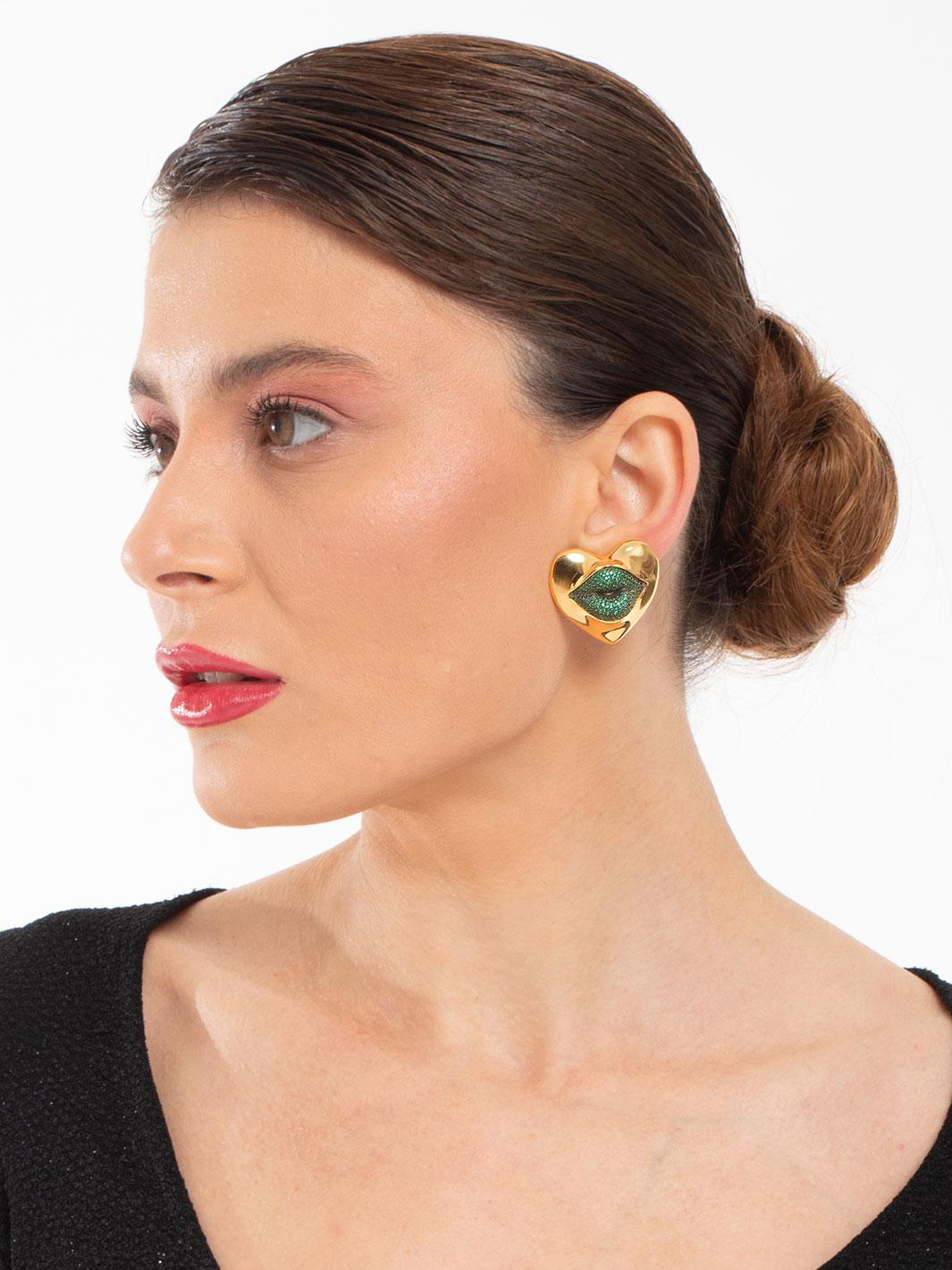 Modern Naimah Love Lips Statement Earrings, Green For Sale